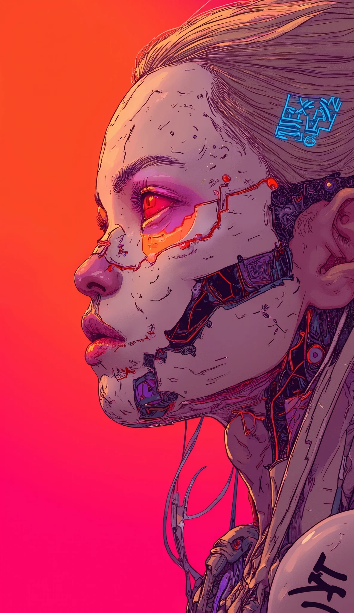 It makes her face more realistic while maintaining the visual art style, improves some aspects such as shadow and sharpness and creates a gradient in the background colors of red on top and salmon pink on the bottom. Put some cyberpunk tattoos on her too.