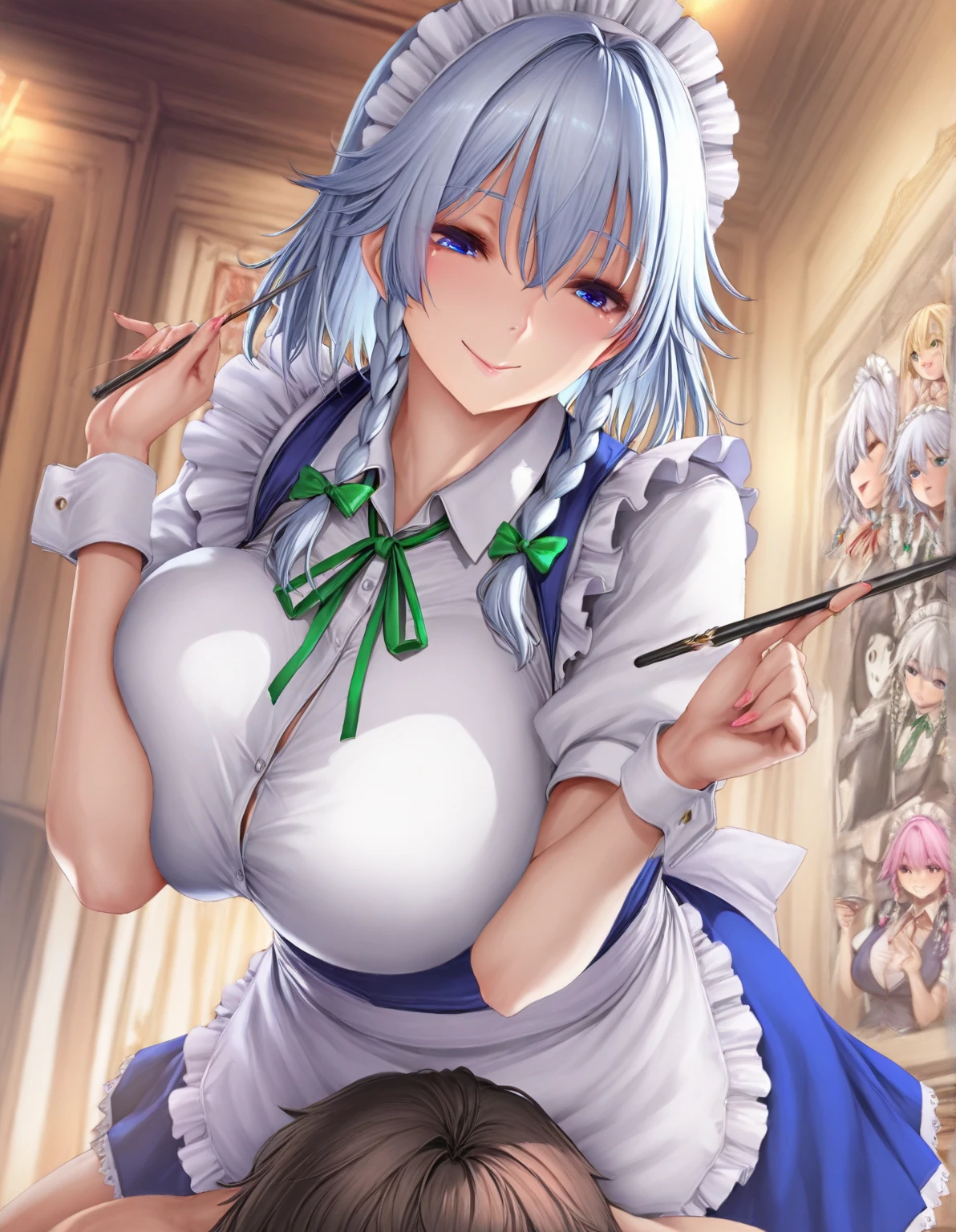 1girl, long hair, silver hair, silver eyes, , hair bow, church, large breasts, smile, ,(wearing nothing:2),, cooking, nsfw、 Nipples