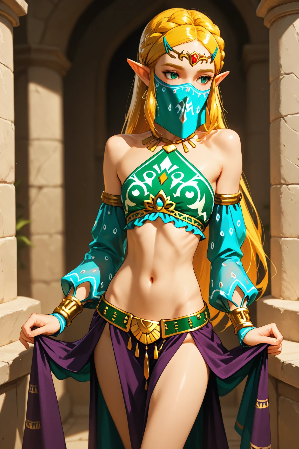 score_9,score_8_up,score_7_up,score_6_up,analog photo,ziprealism,masterpiece,best quality,uncensored,full body,realistic,1boy,corrin \(fire emblem\) \(male\),short hair,gerudo set \(zelda\),flat chest,crop top,pelvic curtain,crossdressing,otoko no ko,mouth veil,<lora:RMSDXL_Photo:2.5>,<lora:RMSDXL_Enhance:2.5>,<lora:Photo Style LoRA XL:0.6>,<lora:sdxl_photorealistic_slider_v1-0:4>,rating explicit,more realistic,