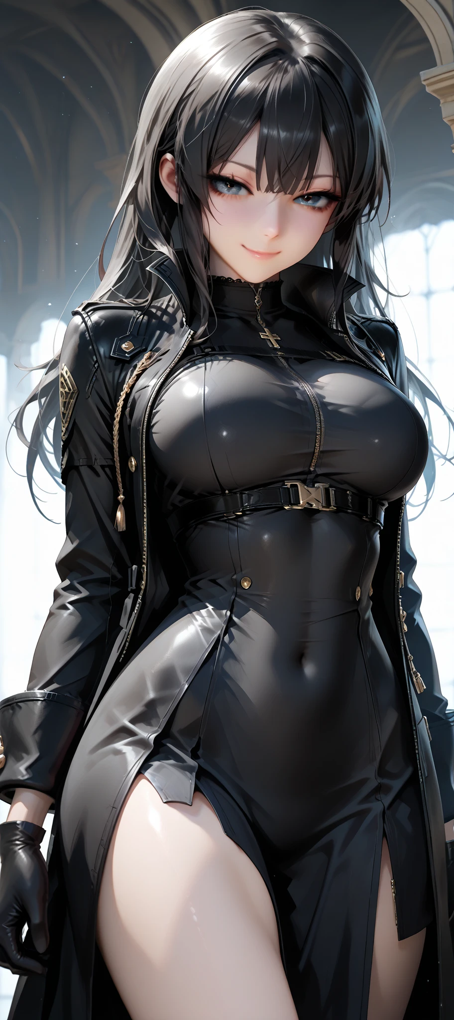 Full body, beautiful black eyes, blush, cute face, high quality, 8k, high resolution, (1 cute woman, solo: 1.1), gigantic breasts, lips, beautiful background, black hair, shiny black crop top, shiny black skirt, shiny black gloves, shiny black heel boots, naked shoulders