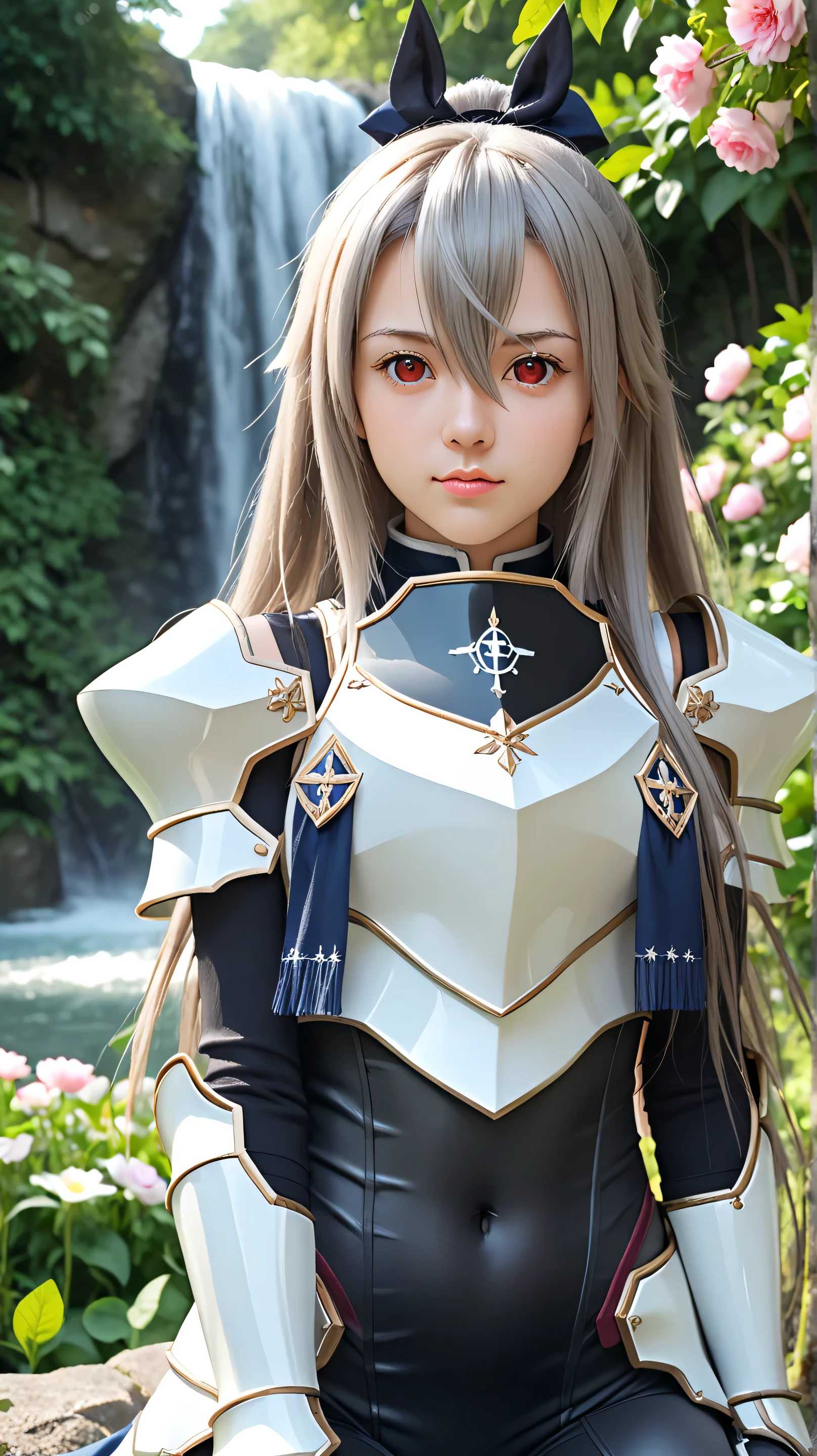 1girl, solo,eydish,red eyes,gray hair,(long hair:1.5),outdoors,potrait,medium breast,forest,(half body:1.4),front view,sitting under waterfall,waterfall background,looking at viewer,hair between eyes,wear dress,navel,bare shoulders,black glove,(targaryen outfit:1.5),wild flowers,(flower yard:1.4),(armored bodysuit:1.5) 