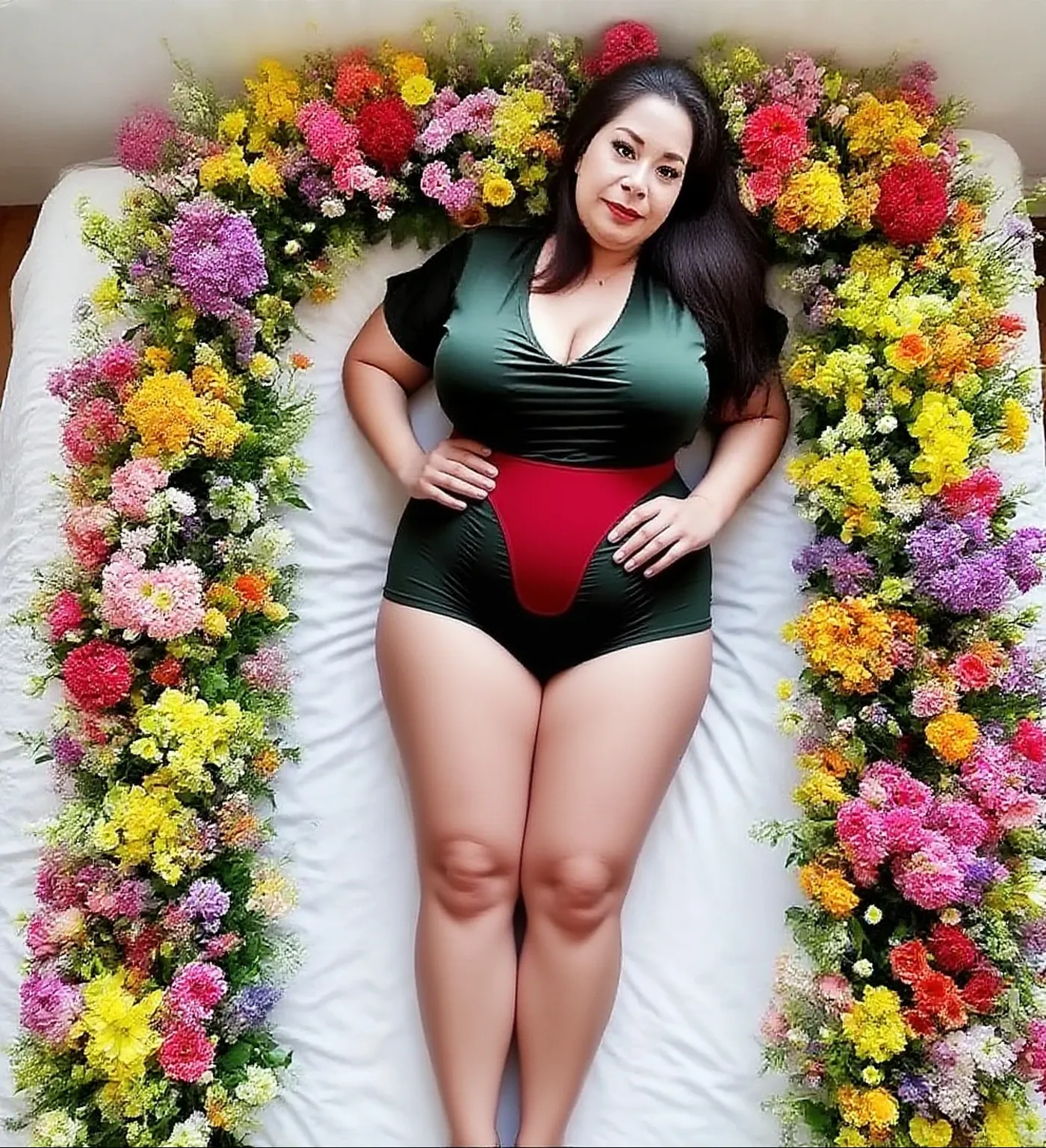 Beautiful mature Japanese woman aged 55, Whole body composition,Sleeping upwards,Long eyelashes, Super Short Hair, Red lipstick, Pearl Necklace, Earrings, Dark eyeshadow, Large Breasts, Big Breasts, Cleavage,A pronounced crotch crack, Floral print leotard, Lying on the meadow, Green Grass, Sleep on your back, A troubled smile as she reaches orgasm,
