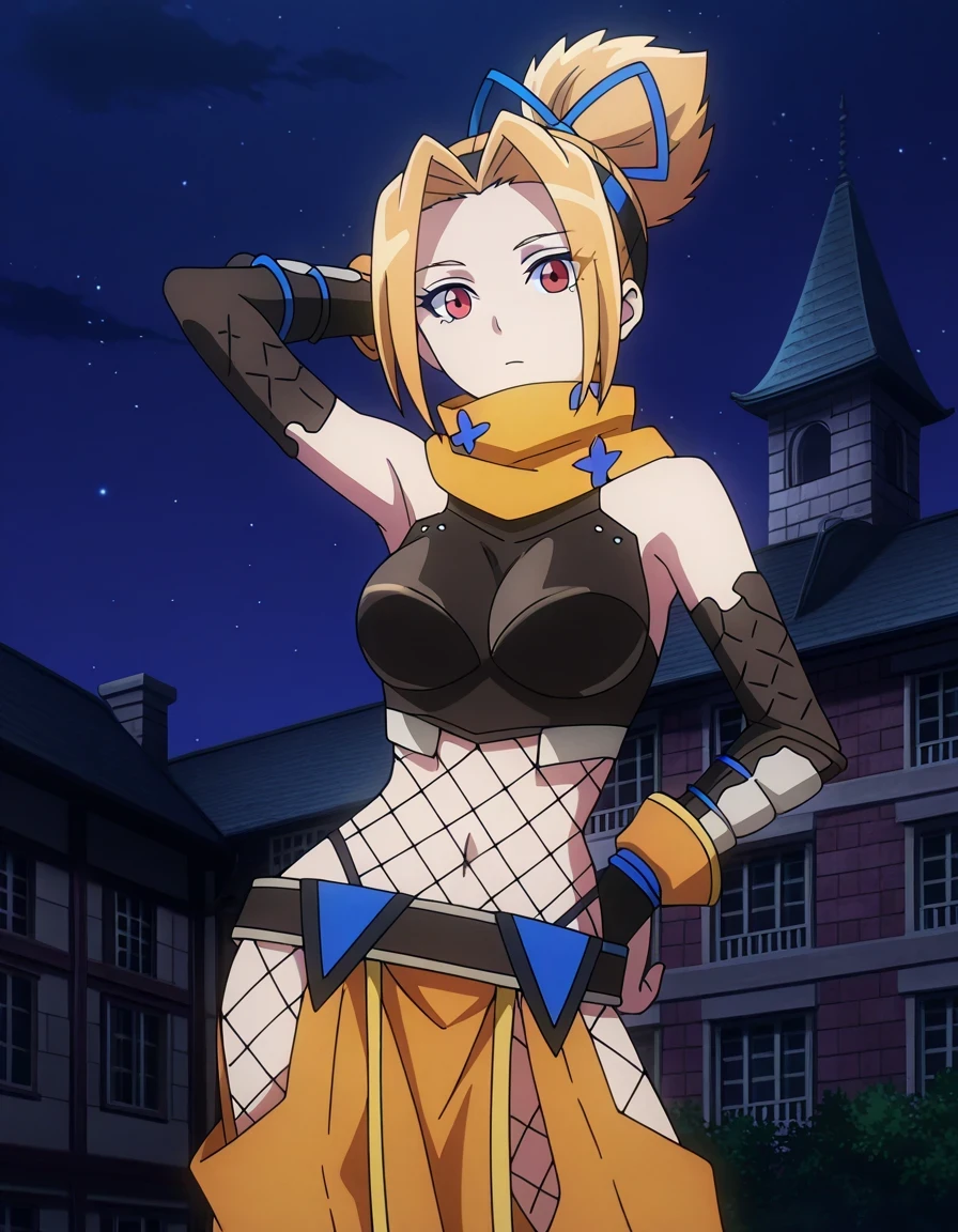 Tia, blonde hair, scarf, ninja, breasts, fishnets, ribbon, blue ribbon, hair ribbon, red eyes, medium breasts, bare shoulders, armor, ponytail, navel, anime coloring, high quality, closed mouth, solo, cowboy shot, night sky, mansion, arm behind head, hand on hip,  ((contrapposto)), looking at viewer, expressionless, best quality, 