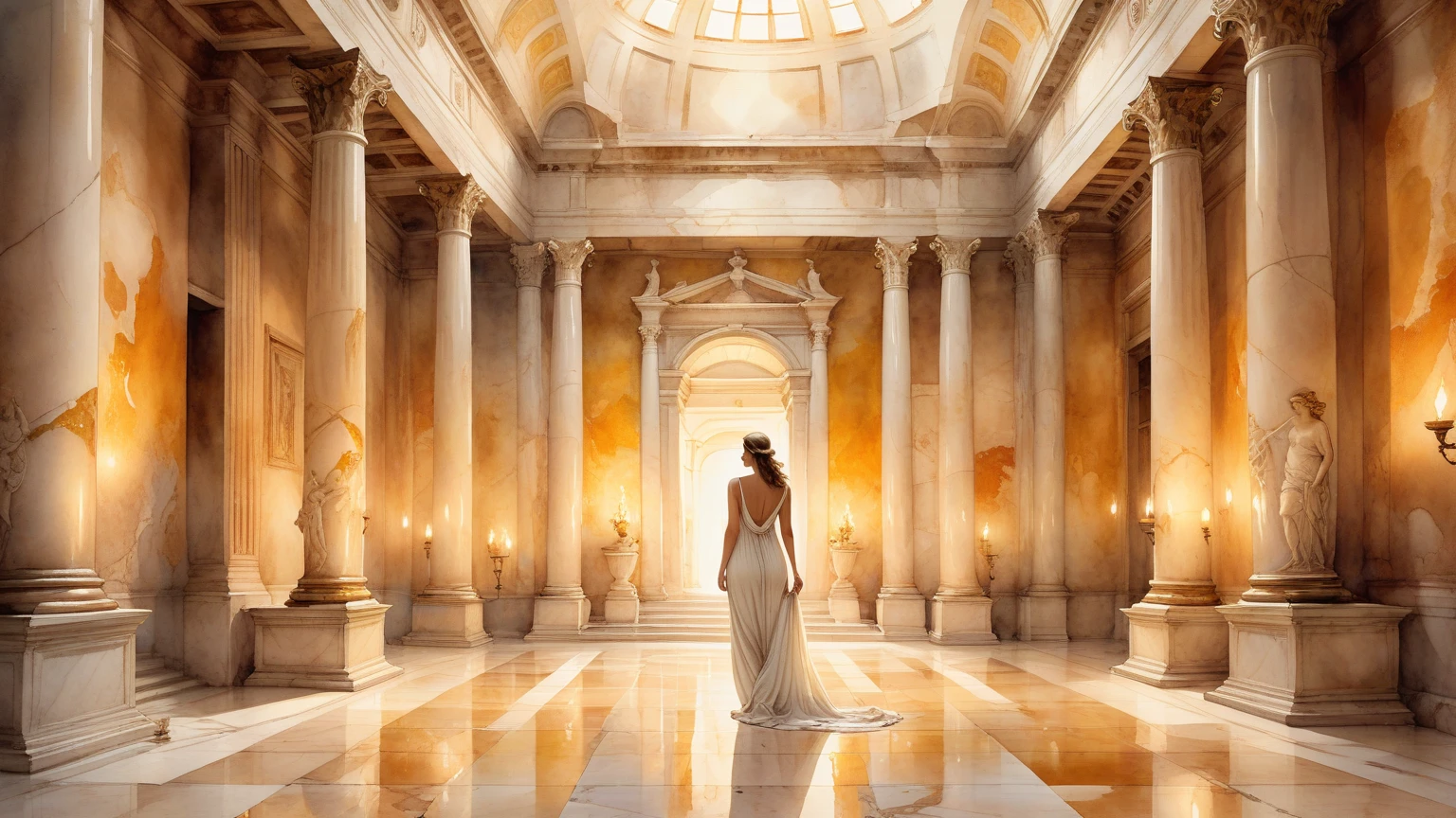 Aphrodite, in a sensual pose, stands in a white marble temple with tall, imposing columns. The floor is decorated with colorful mosaics depicting mythological scenes. Around her, statues of gods and goddesses watch silently. The soft light of torches illuminates the room, creating dramatic shadows on the walls. On the altar are offerings of fruits, flowers and jewelry, while Aphrodite stands in the center of the temple, radiating serenity and power.