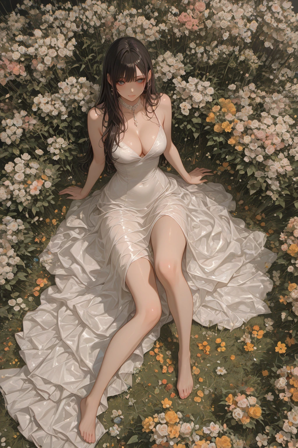 3d printed figurine, an elegant lady sitting on a rock base with flower clothes on, half lying pose, beautiful thick lady, big , thick thigs, slim waist, extremely detailed and beautiful, elegant and sexy, bare chest, beautiful sculpture, 3d printed, zbrush, zbrush (medium), miniature style, beautiful colors, 3d printed on a base, full body, ultra detailed base made of rocks, plants around, plain grey background