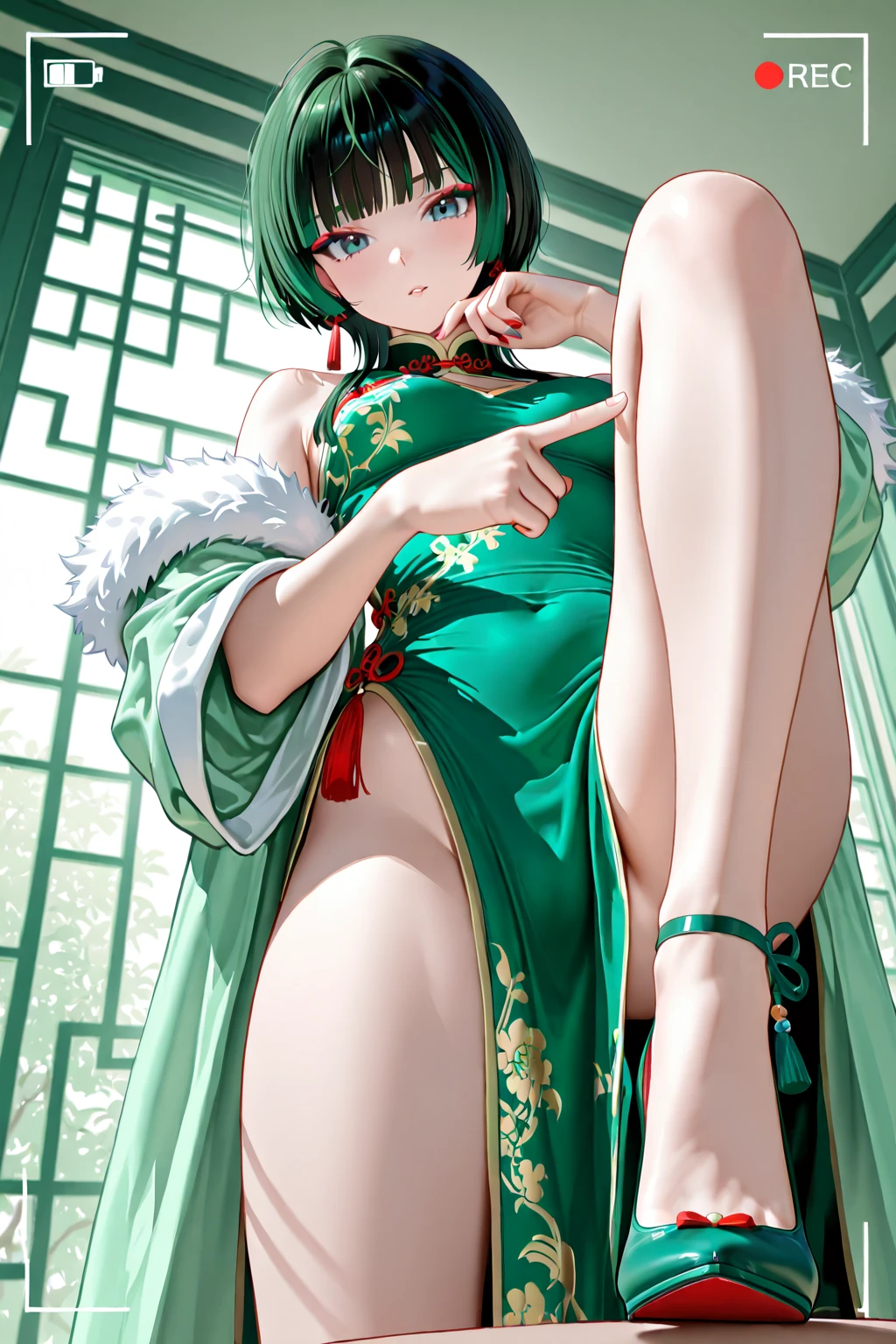 undertale，chara，teens girl，red - eyed，Smile，???? for，Lots of green，Open ????? and ???????，Open navel，pantyless，no-bra，stocklings，Full body standing painting，tempting pose，with short brown hair，Stripper，Be red in the face，Lust，Hand repair，the detail，??? clothes，k hd，Cocked ????????，Stick out your tongue，Playful，love heart，jade foot，Expose the ?????，Vest line，with an open ??????，Dress revealingly，flesh body，??????? lines，??，Close to the original（Optimal image quality，tmasterpiece，?????? appetite）