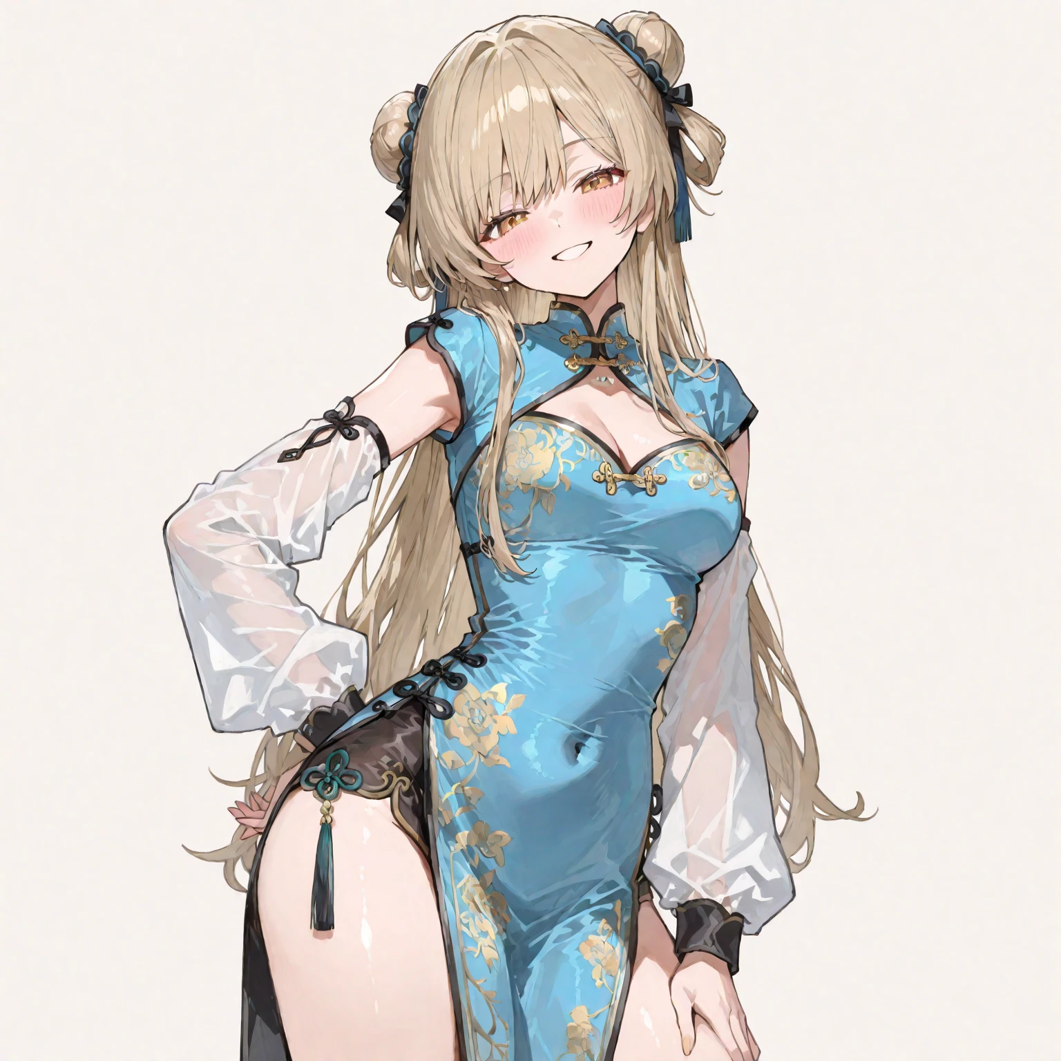 Anime Kawaii sexy Perfect Slim sensual body large breast and huge thighs, An intricate and highly detailed illustration of anime (Young girl). a young woman, beautiful, long straight hair with ponytail, blond hair, emerald green eyes, White skin, Detailed face, curvilinear body, small breasts, wide hips and thick thighs, green chinese dress with yellow patterns, tight, neckline, erotic.