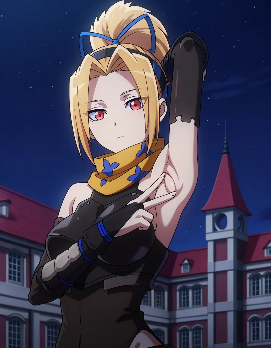 Tia, blonde hair, scarf, ninja, breasts, ribbon, blue ribbon, hair ribbon, red eyes, medium breasts, bare shoulders, armor, ponytail, anime coloring, high quality, closed mouth, solo, upper body, night sky, mansion, <lora:spread-armpit-illustriousxl-lora-nochekaiser:1>, spread armpit, armpits, armpit focus, v, ((contrapposto)), looking at viewer, expressionless, best quality, 
