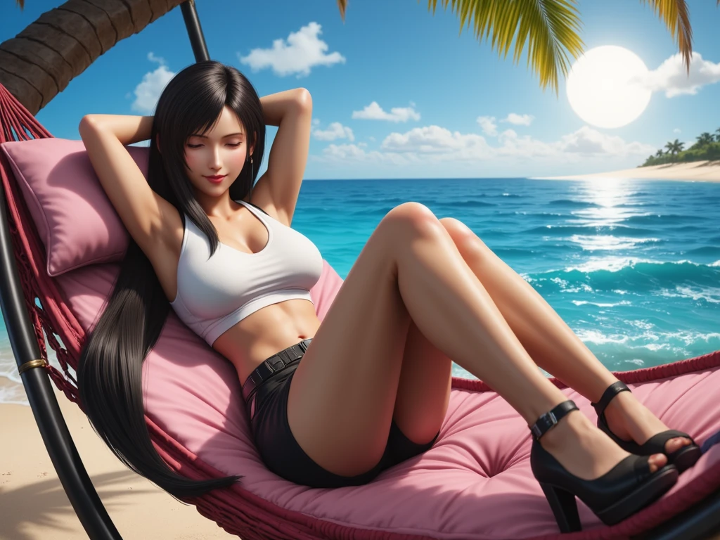 woman sitting on a chair na praia, sitting na praia, sitting na praia, posing na praia, em uma praia, foto de praia, na praia, em uma praia ensolarada, in a sun lounger, 30 anos, relaxing na praia, is relaxing on a beach, em uma praia tropical. Mulher brasileira com pele branca e cabelos escuros. ela tem cerca de 35 anos. Corpo fino, cintura fina. Altamente realista, hiperrealismo, pele muito elaborada. foto de corpo inteiro, Limpar foto, alta qualidade, high resolution, obra de arte, 8k.