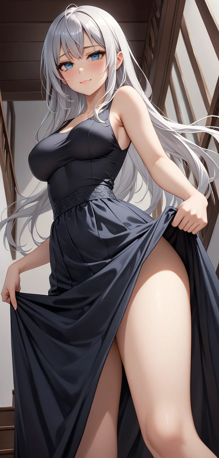 Black Dress、Black panties、cleavage of the breast、Anime woman lying on the beach, artwork in the style of guweiz, guweiz on artstation pixiv, guweiz on pixiv artstation, guweiz, Anime Woman in a Black Dress Gwetz's Masterpiece, wlop and krenz cushart、A smile、Wet crotch、agitation、embarrassed from、exalted、The nose is red、