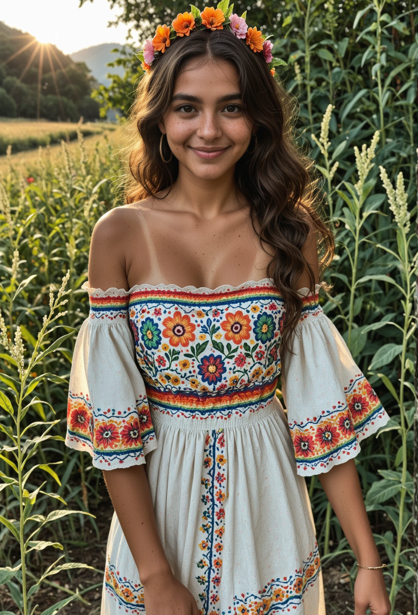 score_9, score_8_up, masterpiece, best quality, absurdres, amazing quality, ultra realistic, soft lighting, olive skin, (mexican woman), beautiful face, long wavy dark brown hair, flower crown, traditional mexican dress, colorful embroidery, off-shoulder blouse, folkloric style, ethnic jewelry, soft smile, detailed skin texture, shallow depth of field, vibrant outdoor market background, afternoon sunlight, extremely detailed skin, natural skin texture, shallow depth_of_field, blurry_background, Good