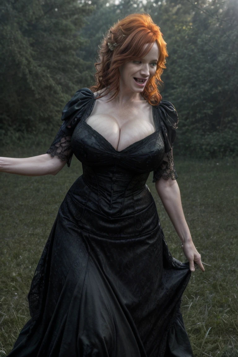 masterpiece 8k, high detailed picture (realism), of 45yo redhead woman, full body picture, dancing and laughing outside a grass field night. wearing black Victorian dress, cleavage, (glistening huge breasts), (naturally sagging breasts), (huge breasts:1.9), (focus on detailed body anatomy), slim body, long messy windy hair. evil laughing (detailed evil face expression). Full moon night and old creepy wood cabin in the background. ultra-realistic, detailed surroundings dramatic lighting, ((detailed picture)), (intricate details), professional picture, ((shallow depth of field)) (cinematic lighting), HDR enhancement, ultra-fine texture, photorealistic, Extremely Realistic
