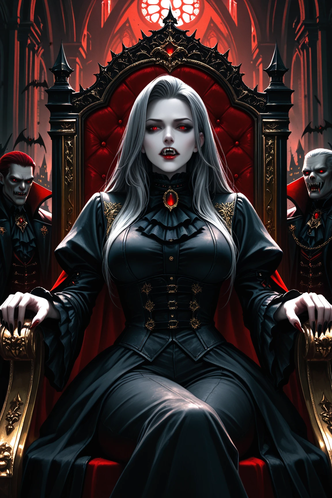 The woman vampire red eyes, long white hair,
She wear the long black coat inside the black coat has carmine color, black suit, white shirt, red necktie, long black pencil skirt, black tights, black high heels.
She sitting on the throne, black grey sky, fantastic night sky, moon, cartoon novel, 4K, HD