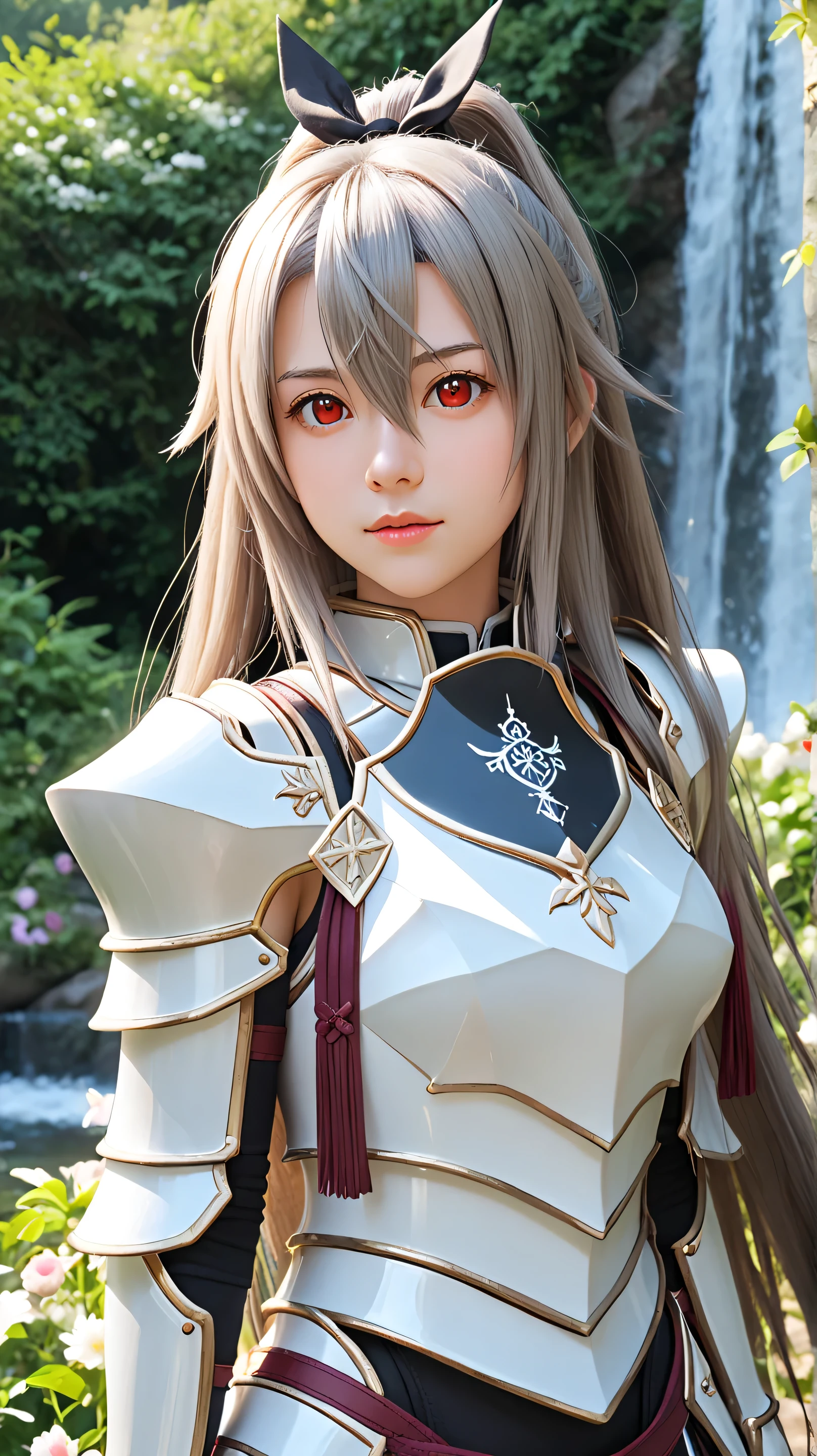 1girl, solo,eydish,red eyes,gray hair,(long hair:1.5),outdoors,potrait,medium breast,forest,(half body:1.4),front view,sitting under waterfall,waterfall background,looking at viewer,hair between eyes,wear dress,navel,bare shoulders,black glove,wild flowers,(flower yard:1.4),(dragon scales armor:1.5)