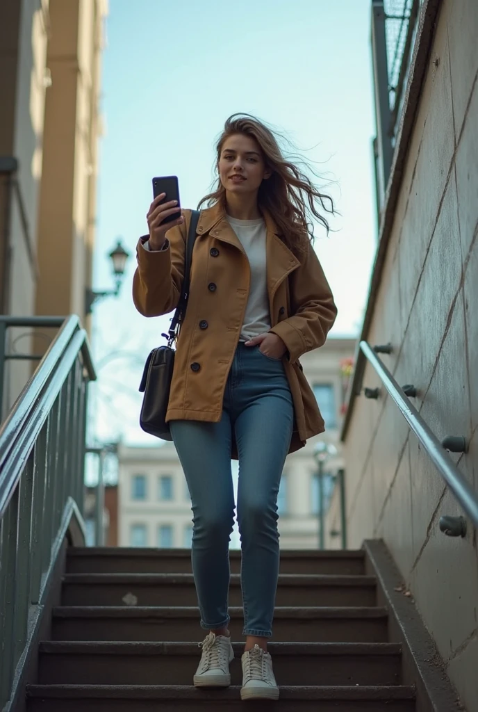 Beautiful brunette model, flirty smile , walking down a London sidewalk, gym bag on shoulder, wearing baby blue Lululemon scrunch butt leggings and grey hoodie, taking a selfie, POV Camera, with an iPhone 15 pro max at home