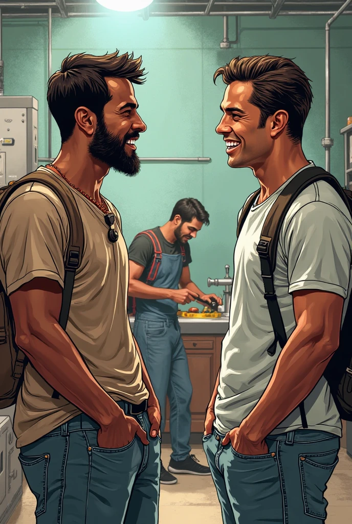 A foto mostra dois homens robustos, carecas e peludos, exibindo corpos super barrigudos. They are both wearing only jeans, leaving their torsos . Their expressions are serious and confident, with an imposing and charmingly masculine presence. They are entering a dark and dirty  room