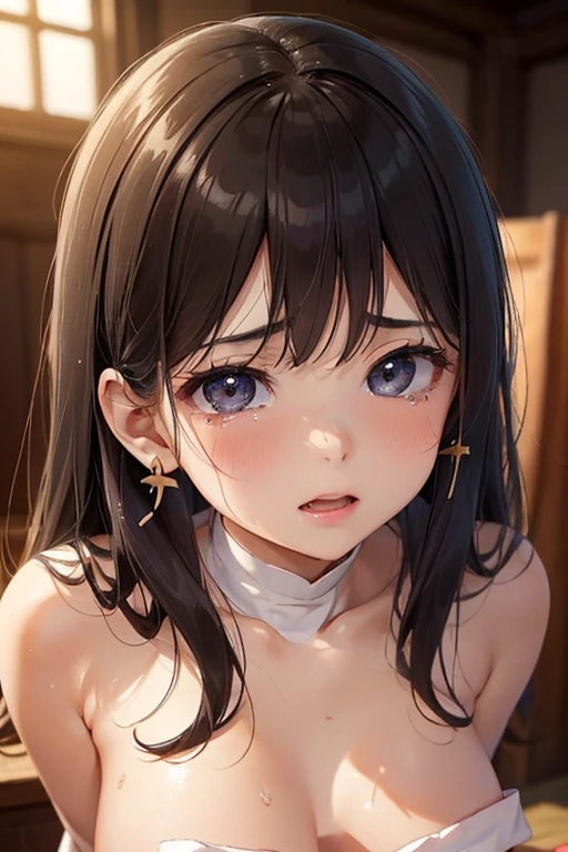 akemi honura、Detailed Description、high resolution、One Girl、Slender、Black Hair、long hair、(blush)、Troubled face、White bra、White panties、Leaning forward、Looking up、belly button