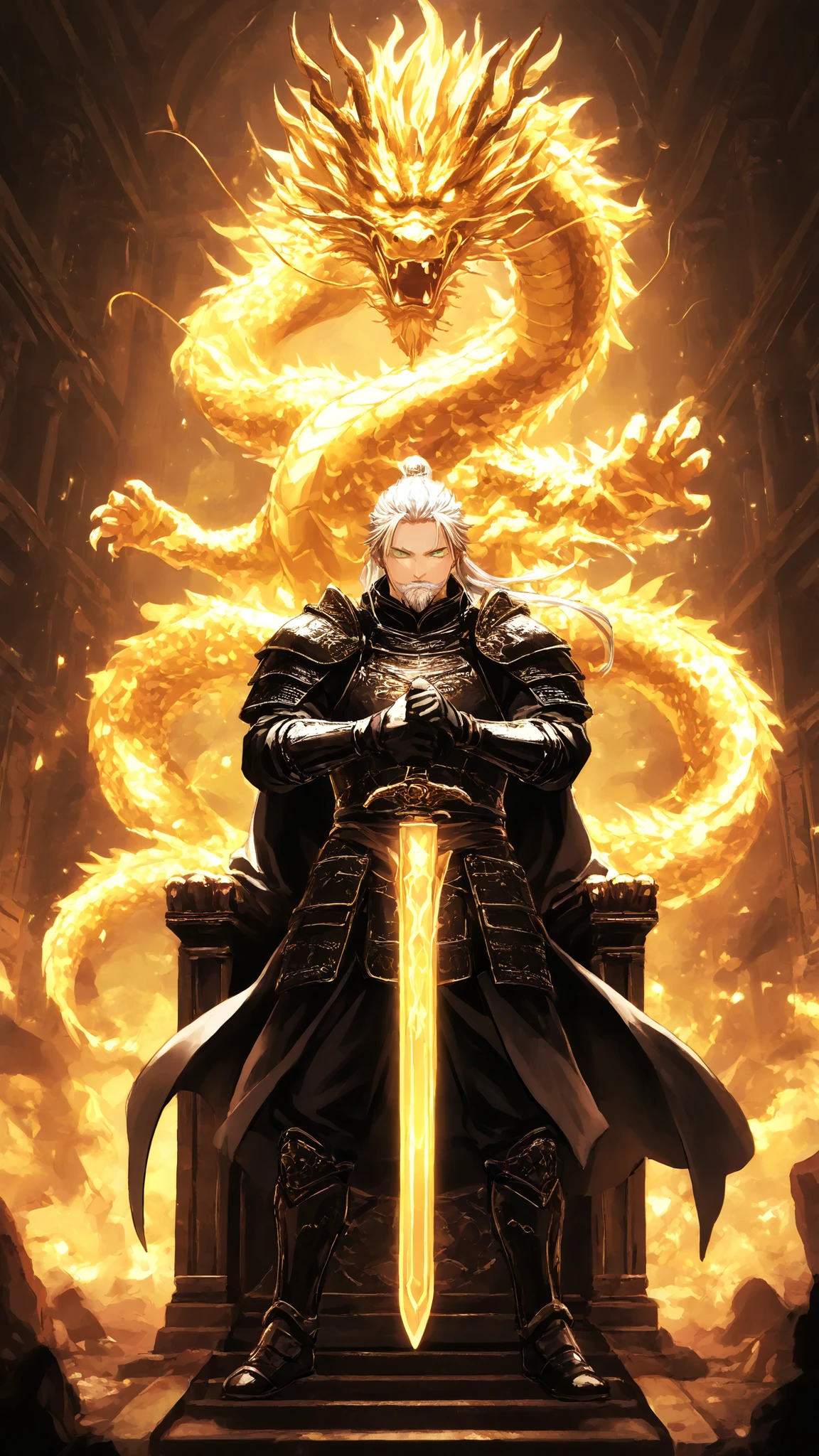 man,masculine and strong with his black and gold armor:leader of his clan ,67 human years,noble,of great influence and a father-in-law To try given his bad temper anime style,Lord Dragon with his companion a black dragon of the red and old,isekai,blond like his daughters but with green eyes,long hair with white highlights accentuate his advanced age...short and well-stylized beard,imposing and rude appearance...with his sword adorned with elements of difficult golden and blue dragons on his throne.