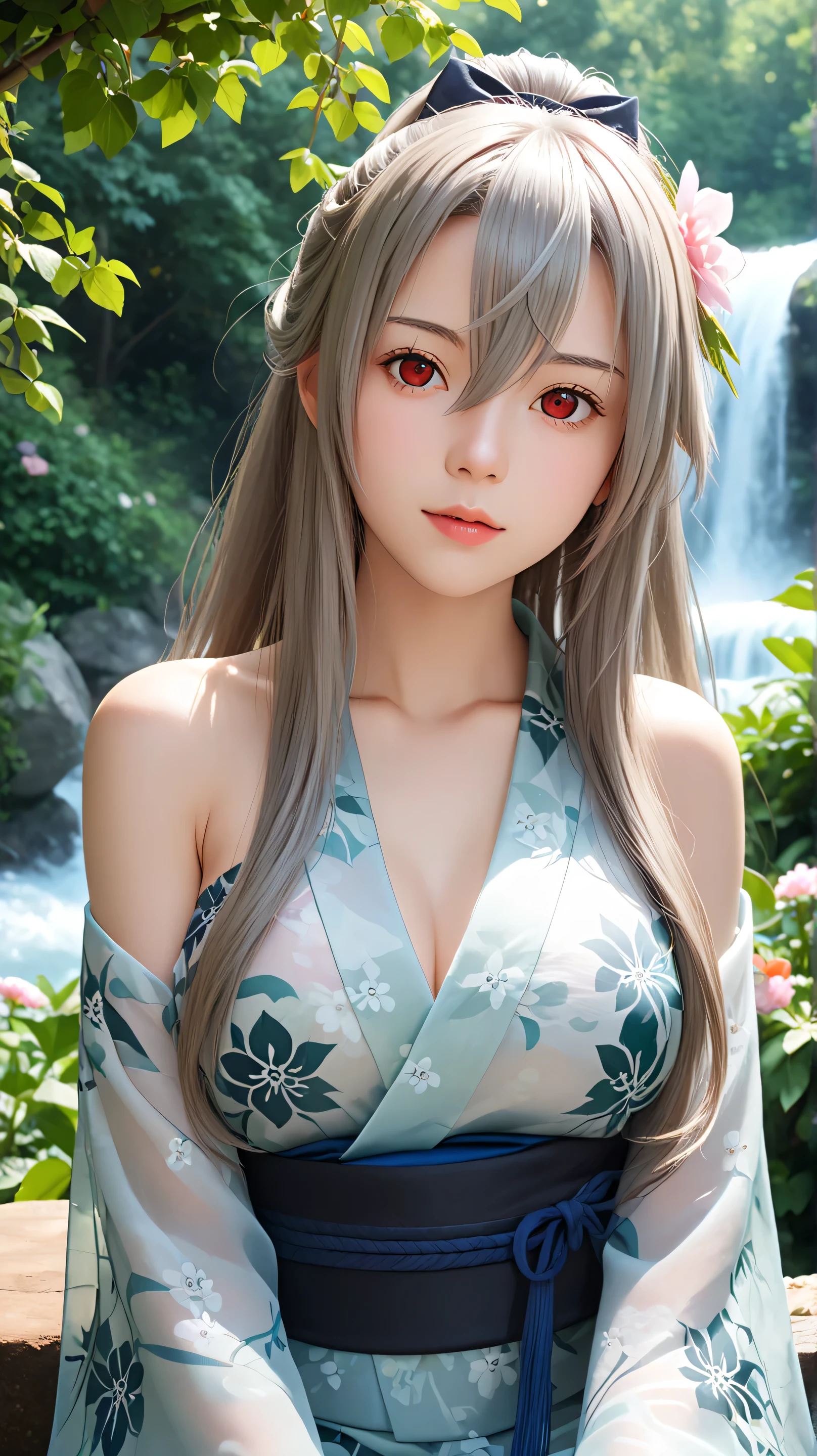 1girl, solo,eydish,red eyes,gray hair,(long hair:1.5),outdoors,potrait,medium breast,forest,(half body:1.4),front view,sitting under waterfall,waterfall background,looking at viewer,hair between eyes,wear dress,navel,bare shoulders,black glove,wild flowers,(flower yard:1.4),(transparent kimono:1.5) 