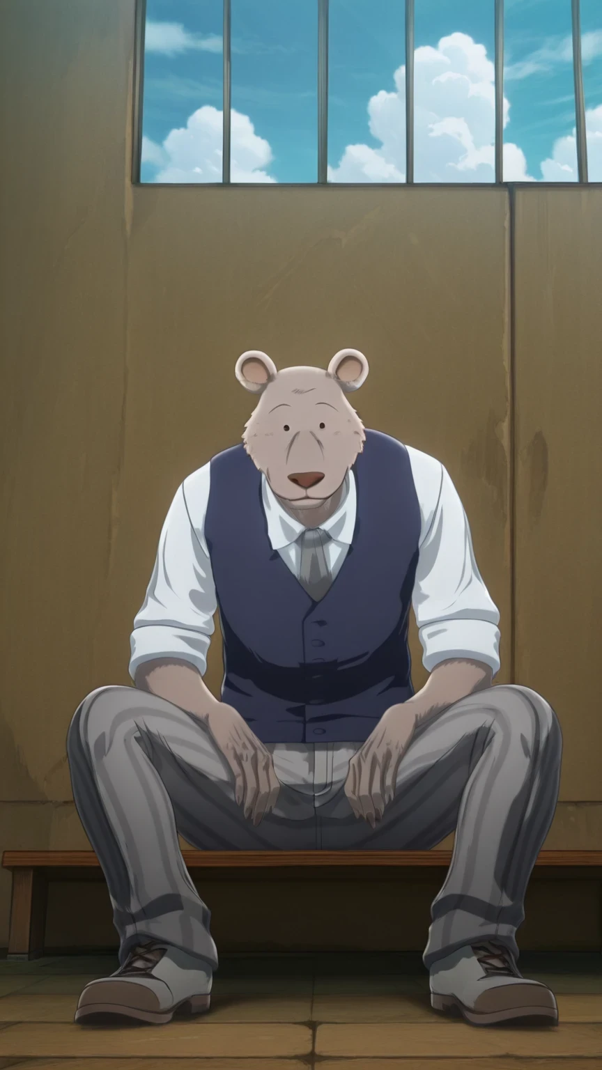 absurd result, best quality, alta calidad, detailed,  , wide shoulders, Mature man, ojos negros, athletic build,  round bear ears, very, polished, Grey body, gray school pants with thick black stripes ,Navy blue vest, long sleeve white shirt, gray tie, sitting on the floor,  , in the schoolyard,   Sky Blue  , white clouds, sunny day, looking at the spectator, full body, relaxed, gray fur, clawed hands, smiling 