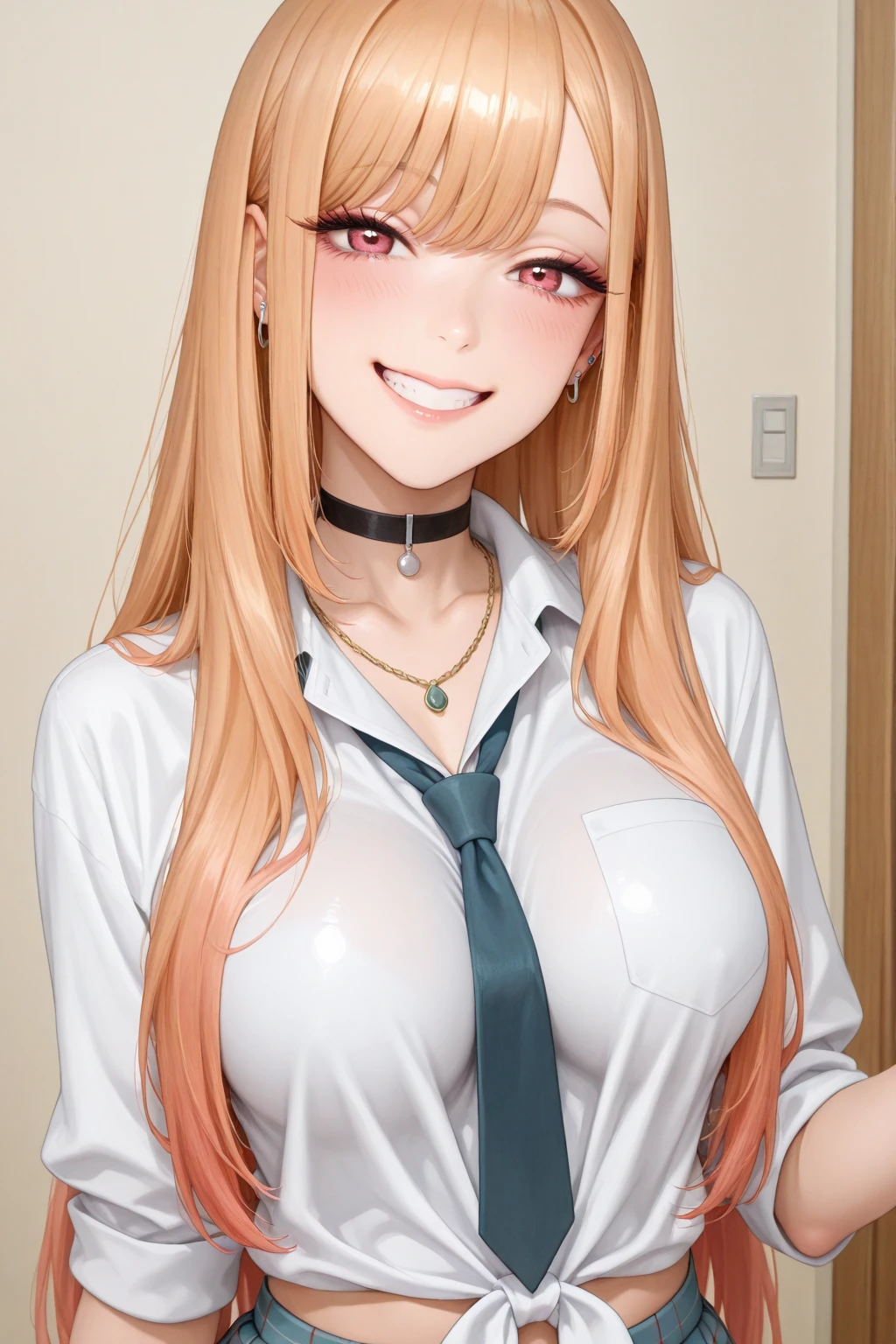 junkoenoshima,<lora:junkoenoshima-lora-nochekaiser:1>,junko enoshima,bear hair ornament,blue eyes,long hair,pink hair,twintails,evil smile,(grin:0.6),open mouth,bow,bra,choker,cleavage,fingernails,lace trim,lace-trimmed bra,long fingernails,loose necktie,nail polish,necktie,plaid,plaid skirt,pleated skirt,skirt,indoors,classroom,looking at viewer,(masterpiece:1.2),best quality,high resolution,unity 8k wallpaper,(illustration:0.8),(beautiful detailed eyes:1.6),extremely detailed face,perfect lighting,extremely detailed CG,(perfect hands, perfect anatomy),(covered nipples:0.7),from below,cowboy shot,pussy,