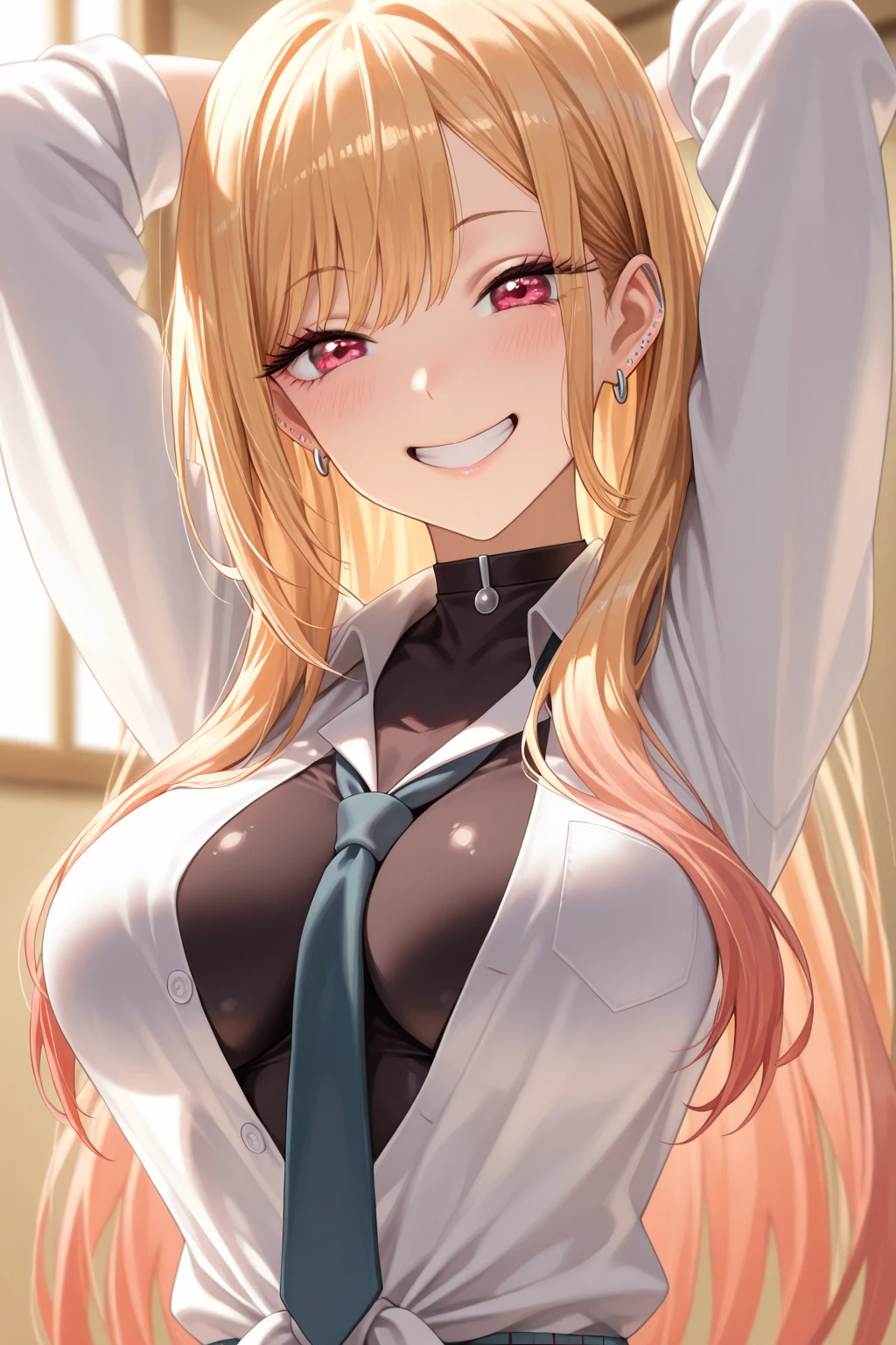 junkoenoshima,<lora:junkoenoshima-lora-nochekaiser:1>,junko enoshima,bear hair ornament,blue eyes,long hair,pink hair,twintails,evil smile,(grin:0.6),open mouth,bow,bra,choker,cleavage,fingernails,lace trim,lace-trimmed bra,long fingernails,loose necktie,nail polish,necktie,plaid,plaid skirt,pleated skirt,skirt,underwear,indoors,classroom,looking at viewer,(masterpiece:1.2),best quality,high resolution,unity 8k wallpaper,(illustration:0.8),(beautiful detailed eyes:1.6),extremely detailed face,perfect lighting,extremely detailed CG,(perfect hands, perfect anatomy),(covered nipples:0.7),black lace panties,from below,cowboy shot,cameltoe,