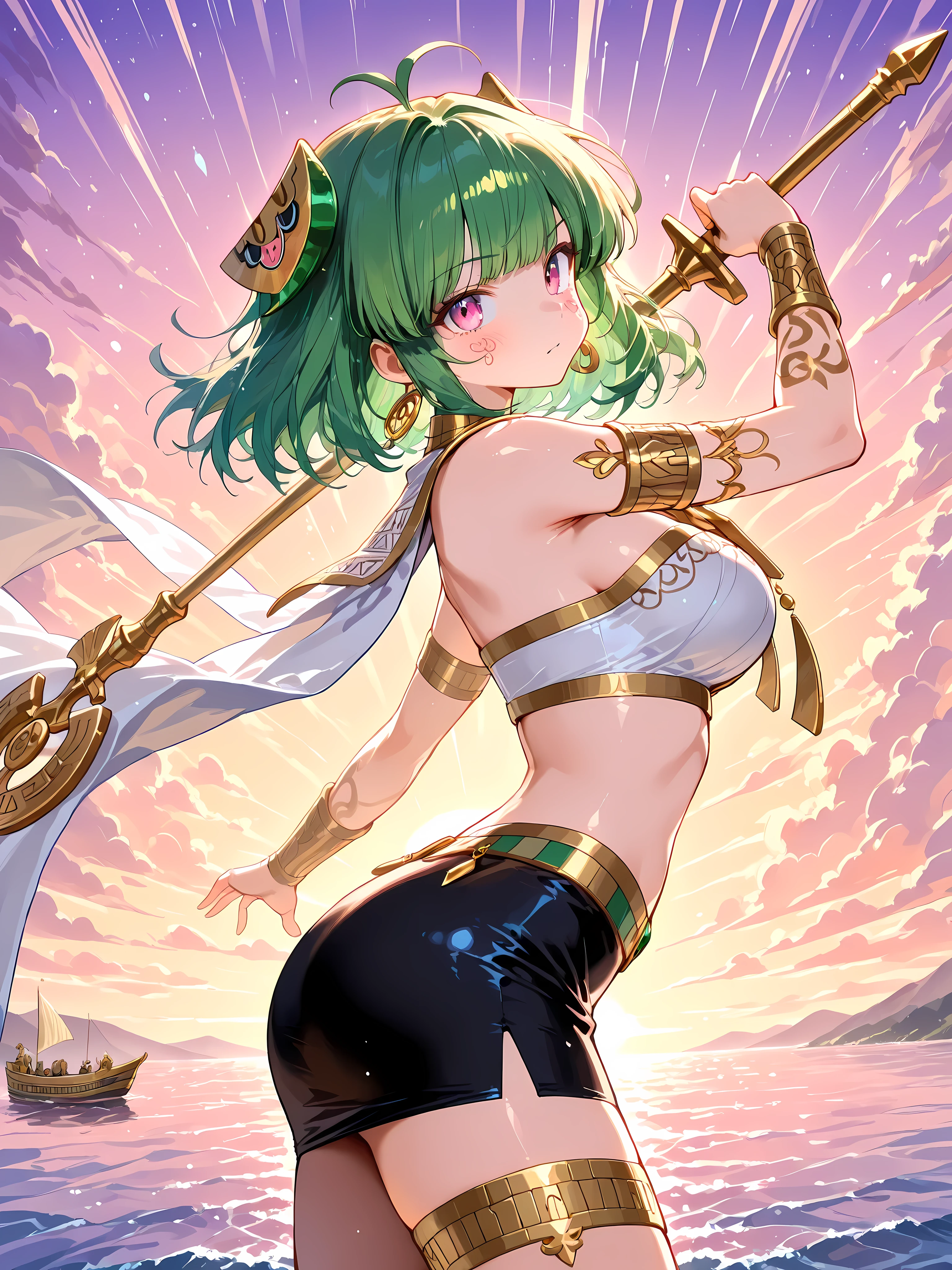 masterpiece, best quality, ultra-detailed, Vannamelon, 1 lady, solo, dynamic pose, side view, three-quarter view, offset frame, cowboy shot, looking at viewer. A mysterious woman in a ((pencil skirt, miniskirt)) stands on the deck of a ceremonial boat drifting along the Nile River. Beside her lies an ornate sarcophagus adorned with ancient Egyptian symbols, representing the slumber of an old god. Her outfit blends modern elegance with pharaonic motifs, and her gaze meets the viewer with solemn intensity. The river glows under the twilight sky, and the scene is filled with sacred tension and divine transition., professional photography, 8k uhd