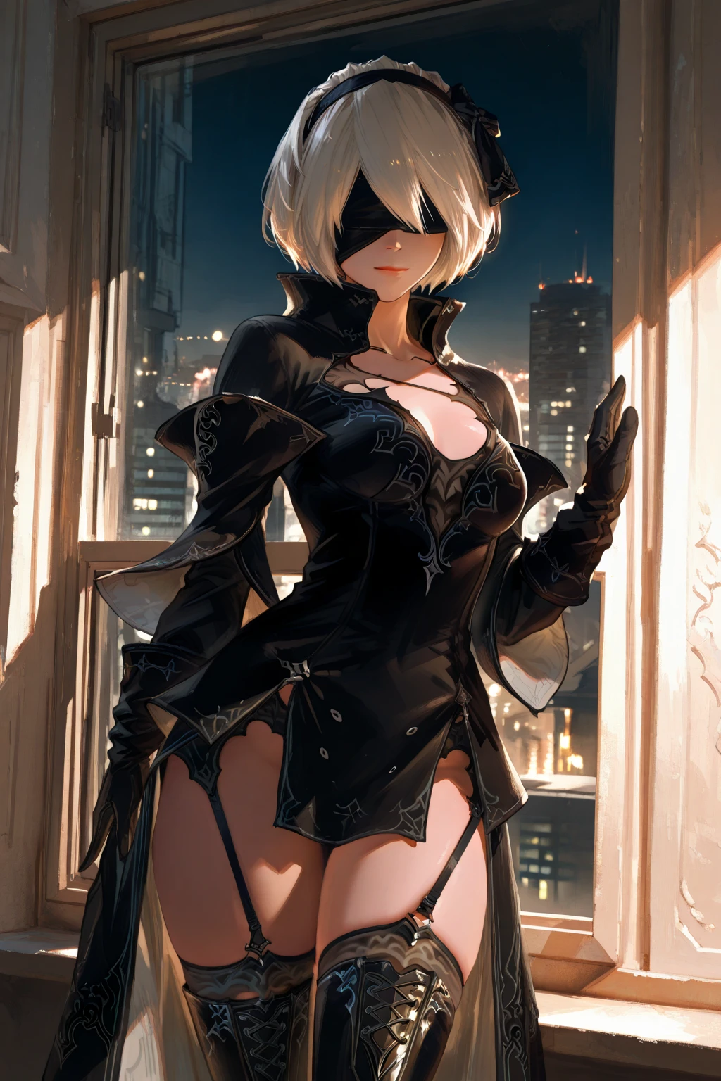 close shot, girl focus,Random pose,A female ninja on her way to her enemy,sexy full body, ponytail hair, (skull drawing mask,ninja suit), holding a small katana,tattoo,japanese pagoda,pond, Sakura tree, kunai and shuriken lay around,artwork,4K,Detailed,4k highly detailed digital art,octane render,masterpiece,best quality,ligne claire,(cool_color),perfect composition,absurdres, fantasy,focused,rule of thirds, light blonde hair,green eyes, (leotard,bare legs,boots,toeless legwear), cowboy shot, full body with costume, sfw