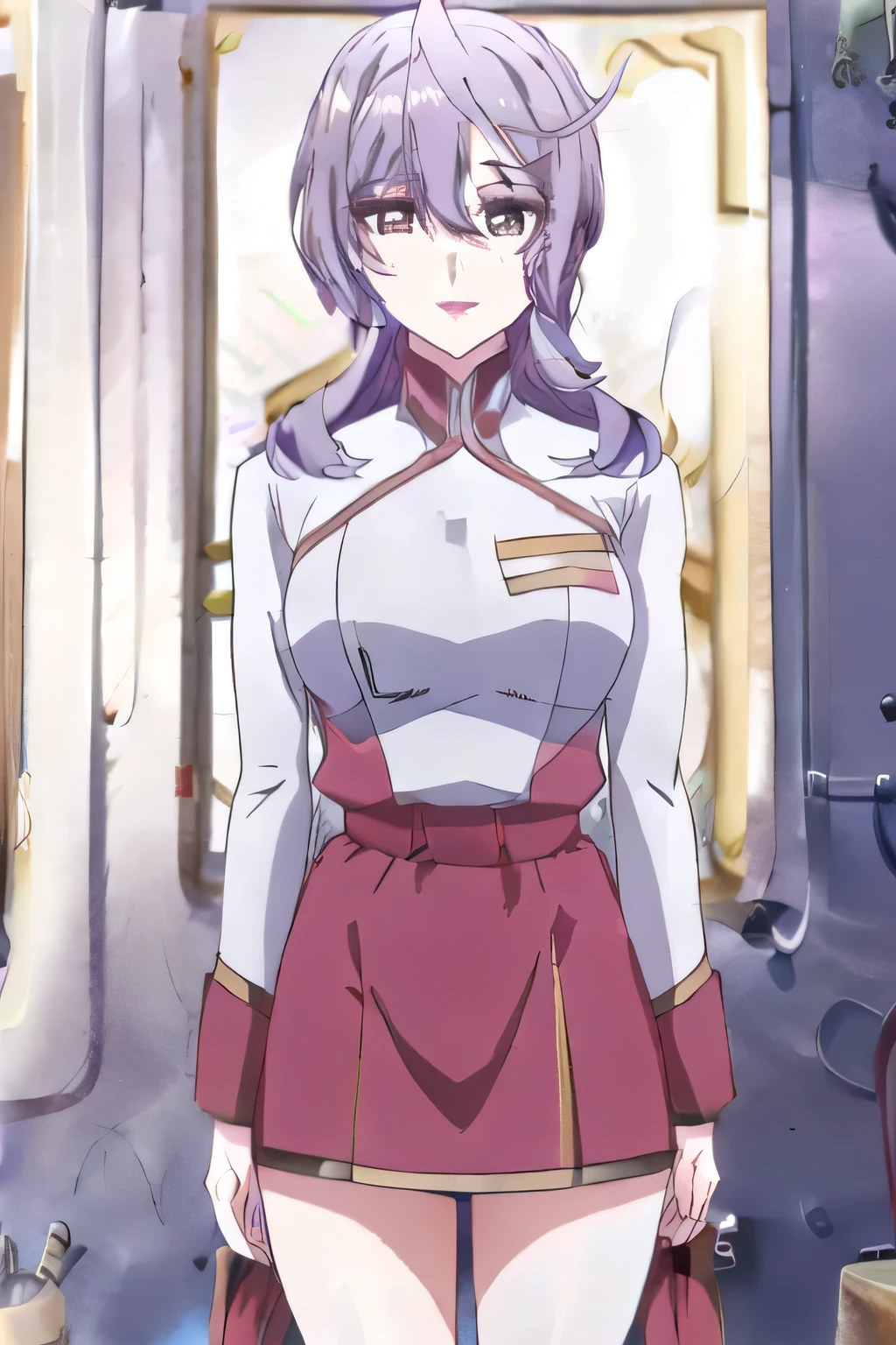 Woman with purple hair short hair,,smiling Yang,don't trim your face to the top of your head,,smiling Yangのyang,,don't cut off your face,表情がTop Prioritiesです, Can you draw ,woman in a proper uniform,Tight skirt, wearing brown stockings ,is standing at the teacher's house,salute,、顔の表情がTop Prioritiesであるため、face connected to chest!,,Do not cut、,Beautiful legs,,,Top Priorities、 Maintain a continuous expression ,, ミニスカート付きのMilitary uniform ,Breasts Hidden in Costumes、draw a blue and white Military uniform ,Military uniform,,High Heels, ,Beautiful legs,,I'm inside a spaceship,,Big breasts are top priority, So ,Beautiful legs,,, , 1 day's worth of long dark hair } lift the chest with both hands々,light blue panties,,プリーツのマイNineロミニスカート,,,Nine,Big breasts are top priority, So ,,big breasts but thin waist,Beautiful legs,,light blue panties, ,Beautiful legs,手と脚のディテールをさらに正確にCan you draw ,breasts are hidden in costume,don't crop her face,