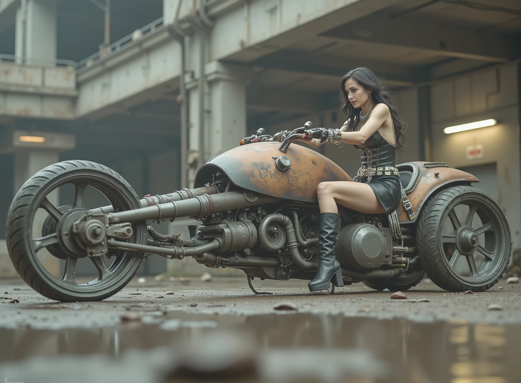 The image shows a desolate scenario with a woman, tilted and taking the handlebars to adapt to speed on a uniquely designed motorcycle that embodies a steampunk or post-apocalyptic aesthetic. The motorcycle is sturdy, has only 2 sturdy all-terrain wheels, with a mix of exposed mechanical components, are evident such as large barrels and intricate pipes,  with a worn palette of rusty colors with saturation and graffiti that hints at its robust durability. The woman, dressed in a striking and small sensual and gothic outfit in black leather with corset, straps and chains as well as punk jewelry and industrial calf-length boots, radiates confidence with her miniskirt. Her outfit suggests a rebellious and daring style wearing lots of punk silver jewelry and showing off her Aztec tattoos, to complement the intense environment. The dark, desolate and deserted industrial background,  which contrasts with the elegance of the motorcycle. The ground is wet, possibly due to the recent rain, that reflects light weight and that contributes to changing environment of the scene. Elements of dirt and decay are evident, but the composition retains a sense of dynamic action and adventure.