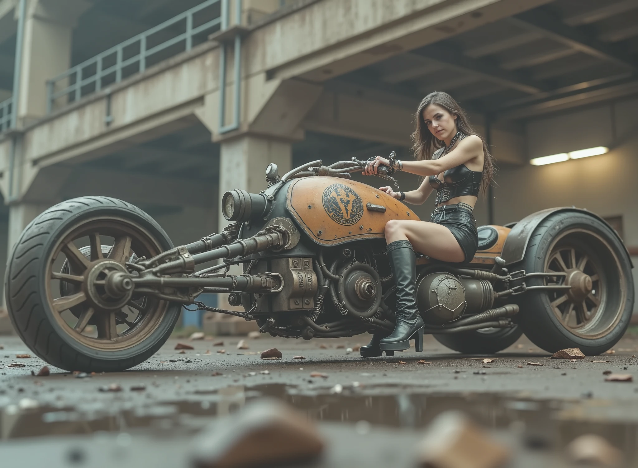The image shows a desolate scenario with a woman, tilted and taking the handlebars to adapt to speed on a uniquely designed motorcycle that embodies a steampunk or post-apocalyptic aesthetic. The motorcycle is sturdy, has only 2 sturdy all-terrain wheels, with a mix of exposed mechanical components, are evident such as large barrels and intricate pipes,  with a worn palette of rusty colors with saturation and graffiti that hints at its robust durability. The woman, dressed in a striking and small sensual and gothic outfit in black leather with corset, straps and chains as well as punk jewelry and industrial calf-length boots, radiates confidence with her miniskirt. Her outfit suggests a rebellious and daring style wearing lots of punk silver jewelry and showing off her Aztec tattoos, to complement the intense environment. The dark, desolate and deserted industrial background,  which contrasts with the elegance of the motorcycle. The ground is wet, possibly due to the recent rain, that reflects light weight and that contributes to changing environment of the scene. Elements of dirt and decay are evident, but the composition retains a sense of dynamic action and adventure.