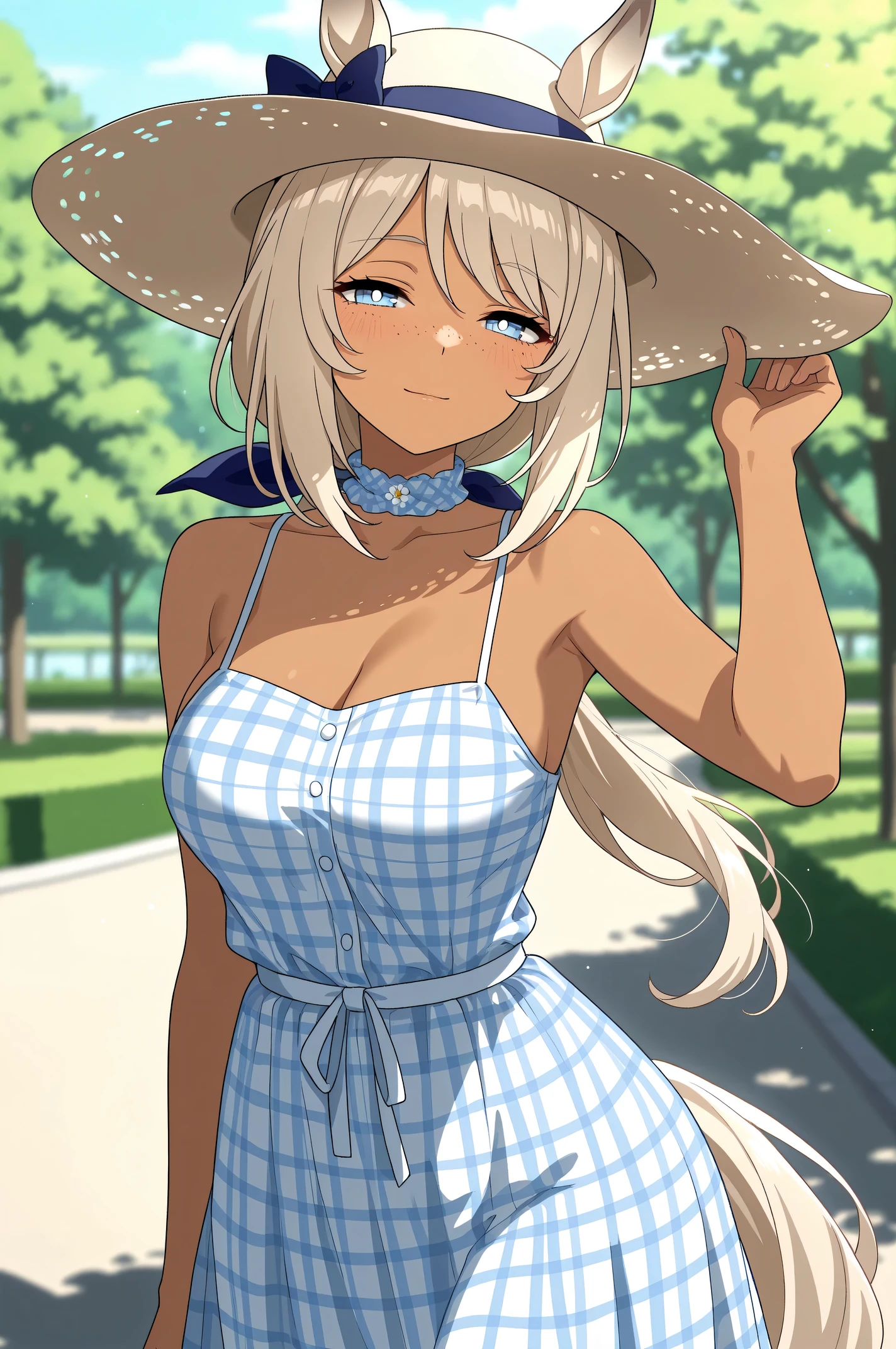 masterpiece, best quality, amazing quality, very aesthetic, safe, 1girl, horse girl, mature female, half-closed eyes, light smile, looking at viewer, light blush, hand on headwear, light blonde hair, long hair, low ponytail, light blue eyes, white pupils, dark skin, freckles, horse ears, horse tail, medium breasts, wide hips, hair ribbon, plaid choker, sundress, sunhat, [plaid dress], solo focus, outdoors, park, tree, shade, blurry background, absurdres, (anime coloring), lineart