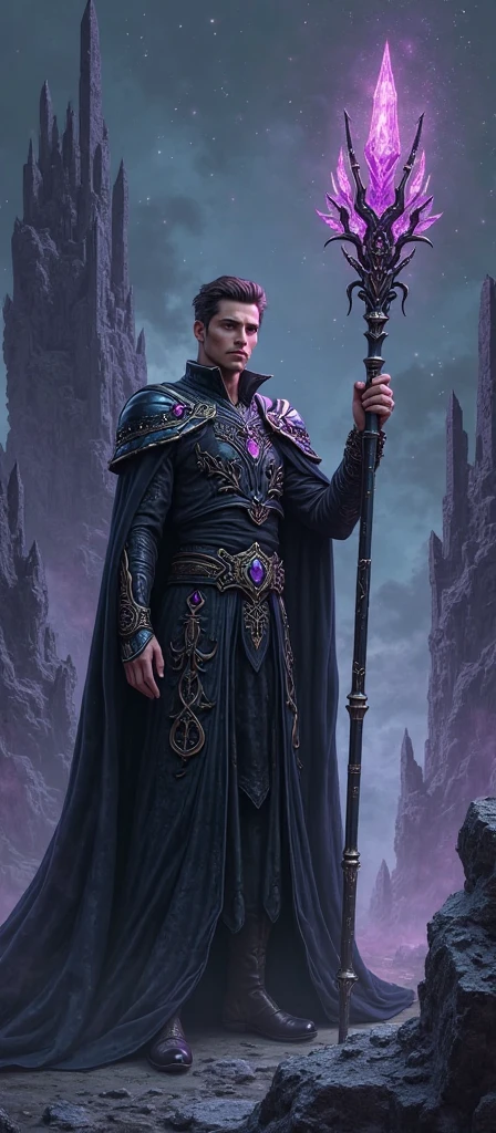 (best qualityer, work of art:1.2), ultra high resolution, realisitic, front lighting, intricate-detail, Exquisite details and textures, 1 men, standing alone ,(middle-age), face highlight, big scar on face, face detailed, detailed scar, deformed face, without hair, looking ahead at viewer, black big eyes, muscled body, purple aura with dark blue, professional lighting, Machiavellian smile, villain