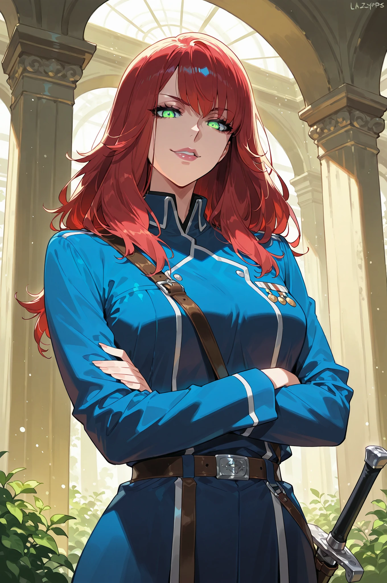 lazypos, 1girl, solo, looking at viewer, wideshot, from front, standing, detailed eyes, looking at viewer, shadow, ligh particles, full lips, thick lips, Inspiring, arms crossed, confident smile, confident expression,
Devola, red hair, medium breasts, green eyes, long hair, glowing eyes, medium breasts, blue uniform, greek garden background, leather utility belt with scabbard for a sword, Oliver Mira Armstrong outfit,