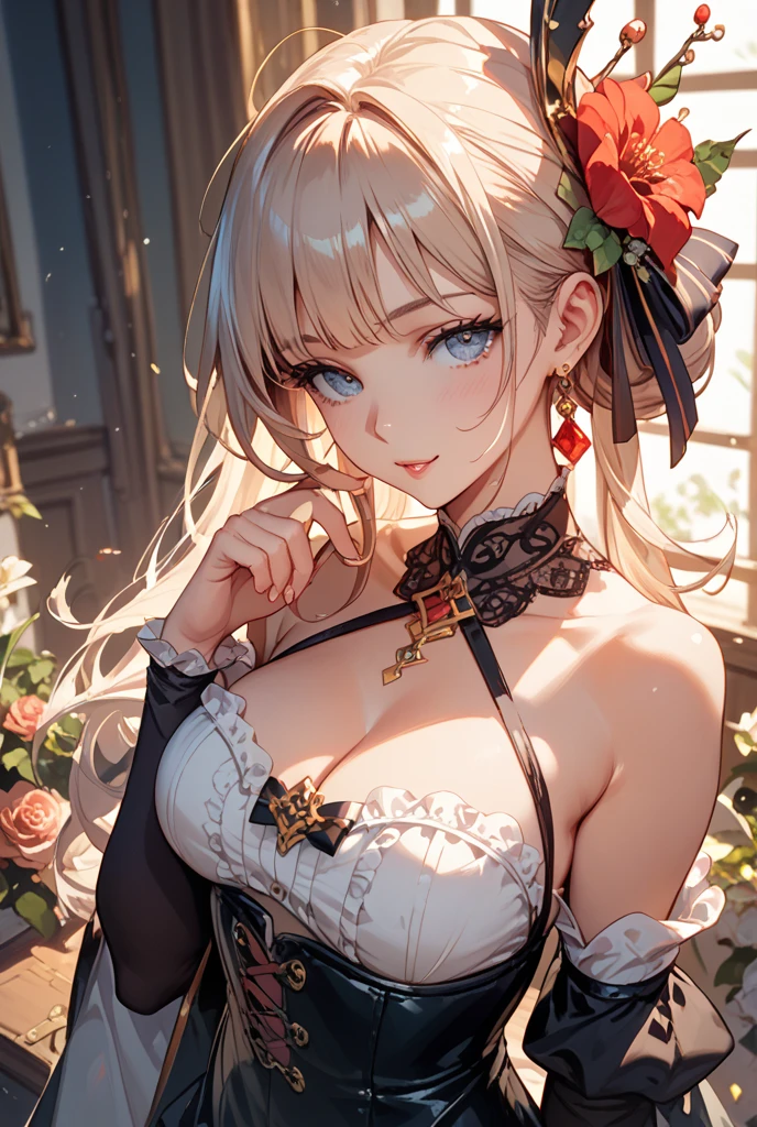 (8k, RAW photo, 最high quality, masterpiece:1.2), High-definition RAW color photo, Professional photo shoot, cinematic light, alone, (((young woman))), (detailed expression), (round eyes), (small face), (high detail skin:1.2), clavicle, cute face, beautiful appearance, long eyelashes, glossy lips, (beautiful chest line), dynamic angle, dynamic pose, (silver hair, twin drill, Hide one eye with bangs, red eyes), attractive big breasts, (slim body shape:1.4, A woman with a slender figure and big breasts), very detailed顔と肌の質感, fine eyes, double eyelid, (((very relaxed smile:1.5, happy expression))), ((facing the front:1.2)), (elegant posture:1.5, photo shootのためポーズをとる, sexy pose, cowboy shot:1.5)), (((goth dress, black and purple gothic lolita dress, voluminous skirt, big ribbon, headdress, Ornaments made with delicate craftsmanship, Lace fabric, delicate embroidery and frills, See-through material was used))), luxury room, red sofa with decoration, soft light, ((baroque:1.1)), Are standing:1.2, beautiful skin, shiny skin, perfect fingers, five fingers, anatomically correct, background bokeh, high quality, surreal, bright colors, ((Nikon, 135㎜, f/1.8, very detailed, photo shoot)),