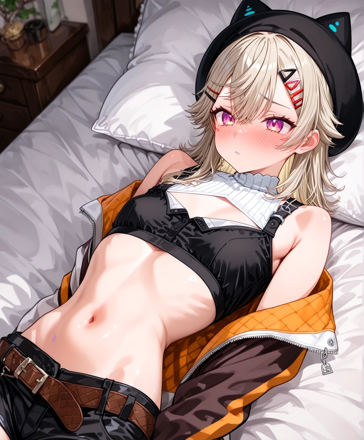 Armpit, Brown croptop, Army pants, blonde hair, Bedroom, (( masterpiece, high quality, best quality, detailed quality)), ((pussy, naked))