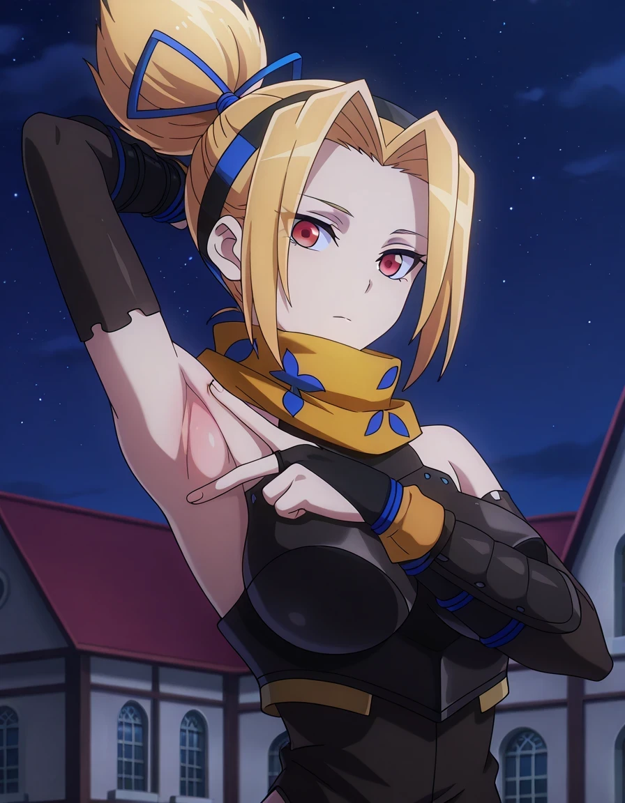 Tia, blonde hair, scarf, ninja, breasts, ribbon, blue ribbon, hair ribbon, red eyes, medium breasts, bare shoulders, armor, ponytail, anime coloring, high quality, closed mouth, solo, upper body, night sky, mansion, <lora:spread-armpit-illustriousxl-lora-nochekaiser:1>, spread armpit, armpits, armpit focus, v, ((contrapposto)), looking at viewer, expressionless, best quality, 