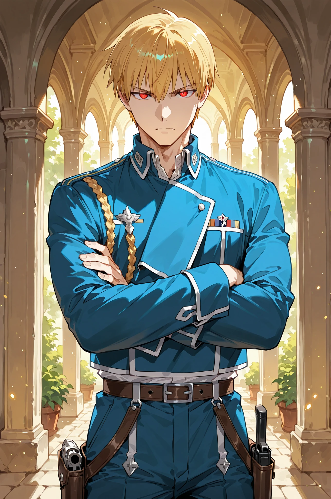 lazypos, 1boy, solo, looking at viewer, wideshot, from the front, standing, detailed eyes, looking at viewer, shadow, ligh particles, Inspiring, arms crossed,
Gilgamesh, 1boy, blonde hair, fit body, red eyes, short hair, straight hair, glowing eyes, blue military uniform, greek garden background, leather belt with a holster for a pistol, roy mustang outfit,