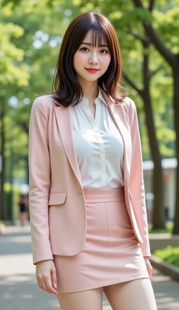 best quality, realistically, super detailed, detailed pubic hair, High resolution, 8k wallpaper, 1 beautiful woman, Pink wet lips, light brown messy hair, wearing a crimson suit, shirt, white skirt, lock focus, perfect dynamic composition, beautiful eyes, delicate hair, Detailed realistically skin texture, smile, close up portrait, model body shape, On the open terrace of the cafe, blurred background, (full body shot), Shooting from a distance, Random Body Orientation,