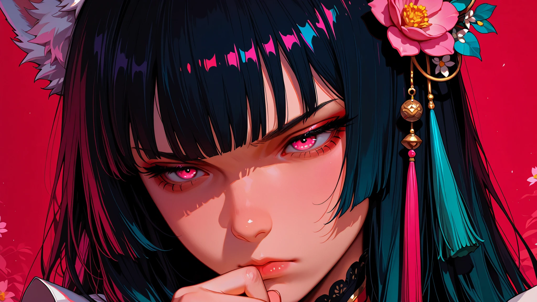 Woman, solo, Staring at the camera, Bang, pink eyes, Long Hair, black hair,white fox ears, hair ornaments, hand up, Flower, blunt Bang, closed mouth, Tassel, ribbon, Portrait, colorful, red background, frills, multi-colored hair, upper body,