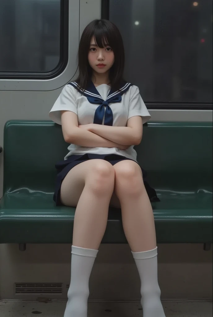 「(masutepiece, High quality, Ultra High Quality, 4K)OL、Emphasis on the thighs、Office Suits:1.2、Sitting on the train at night、s asleep:1.3、The inside of the skirt is white panties:1.3、((Opening legs:1.5))、Face-to-face angle,(Angle from below),Sitting in a train seat,Sitting at the front,Zoom camera in the crotch,Feet are on the floor of the train,full body Esbian,Best Quality, Ultra high definition, (Photorealistic:1.4),, High resolution, detail, Raw photo,