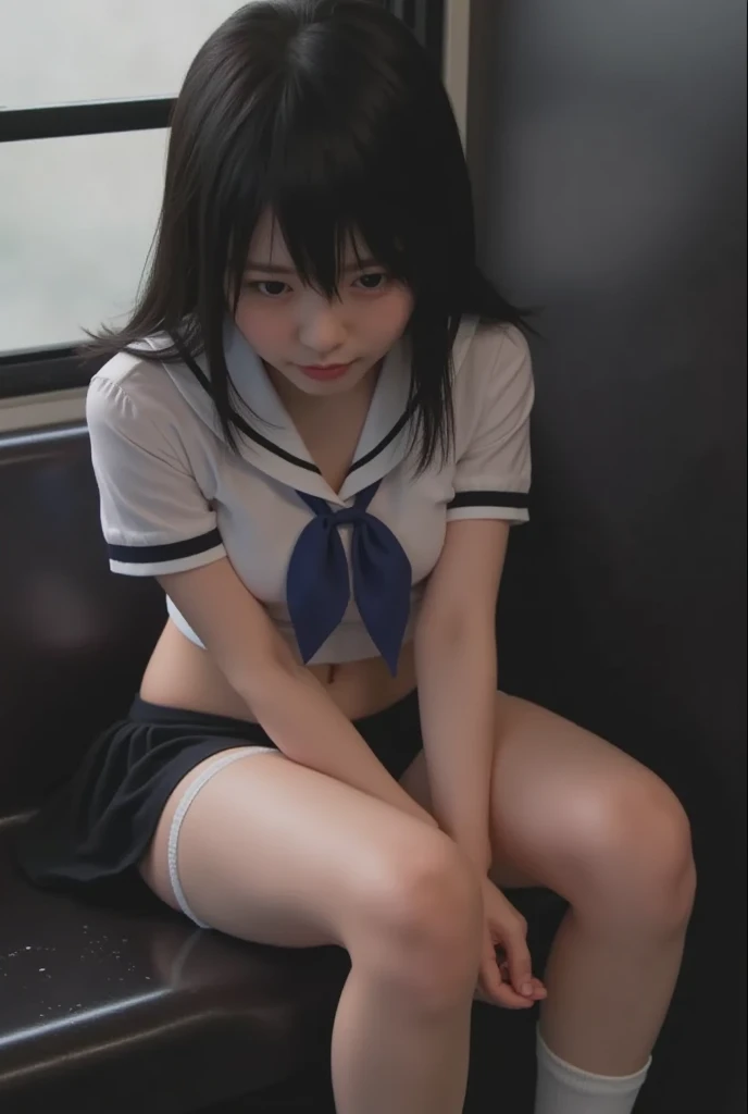 summer、Station platformでWaiting for the train、thick、Sweat、high school girl、summer服のセーラー服、、Low length、(((((Eyes hidden by long bangs)))))、(((長いBlack Hair:1.2)))(((Black-rimmed glasses)))、Strong sunlight、thicksummerの昼間、Station platform、Waiting for the train、Look at this、Front view、Full Body Shot、Mini Pleated Skirt、Black Hair、Sit with your legs apart、Showing her boobs、Open shirt、Grit your teeth、シャツを持ち上げShowing her 、Nipple massage