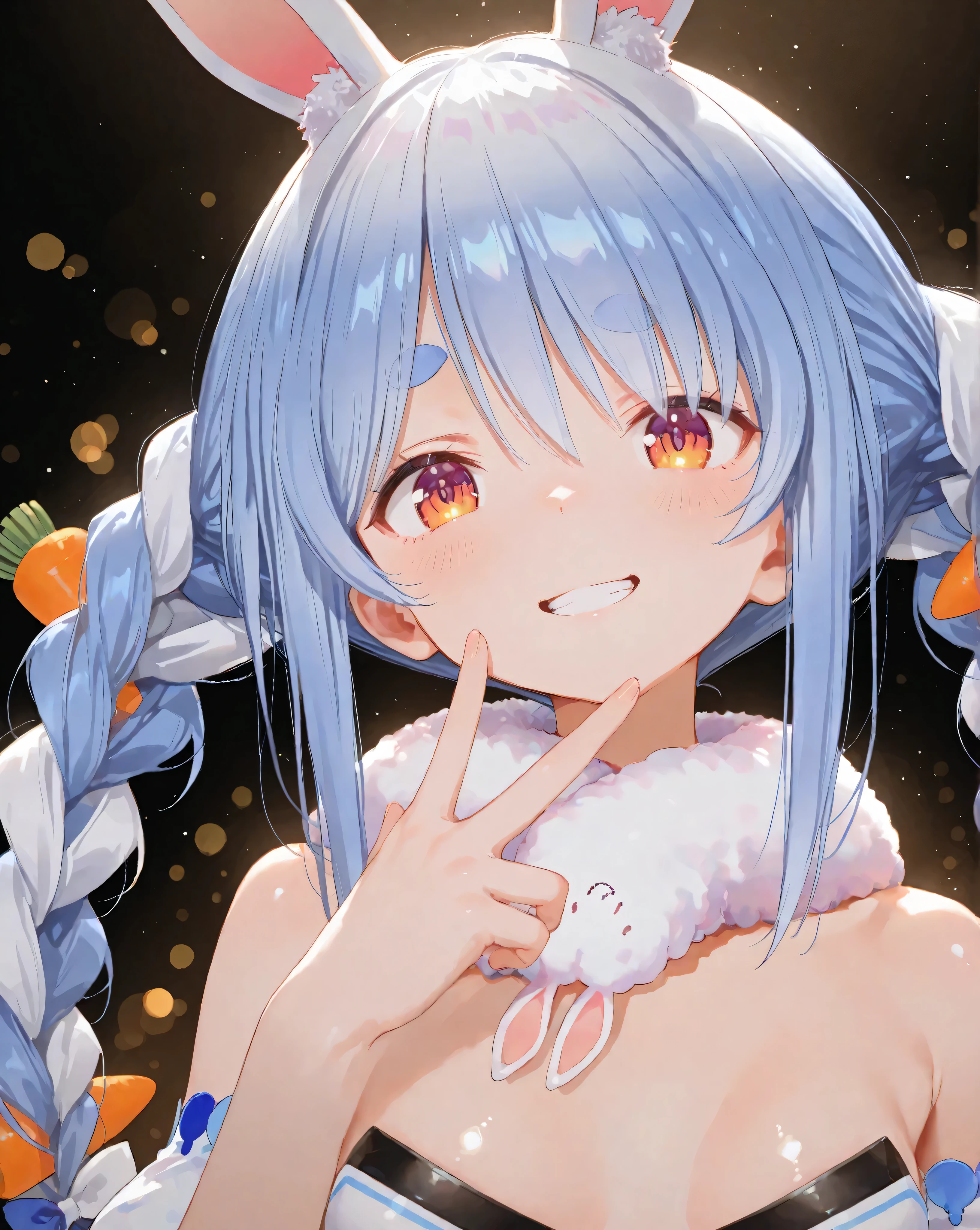 1girl, Usada_Pekora_(Hololive), High Quality, masterpiece, 4K, 8k, Hi-Res, Super Detailed, HDR, ultra high definition, Studio Lighting, Ultra Fine Painting, Extremely Detailed Explanation, PROFESSIONAL, bright colors, Bokeh, anime style,source anime ,shiny skin, cinematic, masterpiece, 最High Quality, Good quality, Newest, Peace sign with left hand in front of left eye, cute expression, bright lighting, close-up, smiling, simple background, small breasts, white background