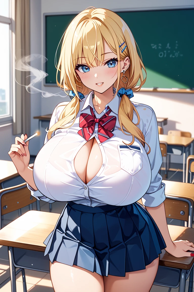 highest quality,wonderful,finely,extremely detailed CG Unity 8K wallpaper,(1 girl,blonde, yellow eyes, low ponytail, Scrunchie, earrings、evil smile), (grin and laugh:1.1), ((brown skin:1.2), (huge breasts:1.1), (white collared shirt:1.1)、(open clothes:1.1)、(cleavage:1.1)、(black pleated skirt:1.1)、(mini skirt:1.1),(zettai ryouiki:1.4),sit on a chair、whole body、taken from above、classroom background