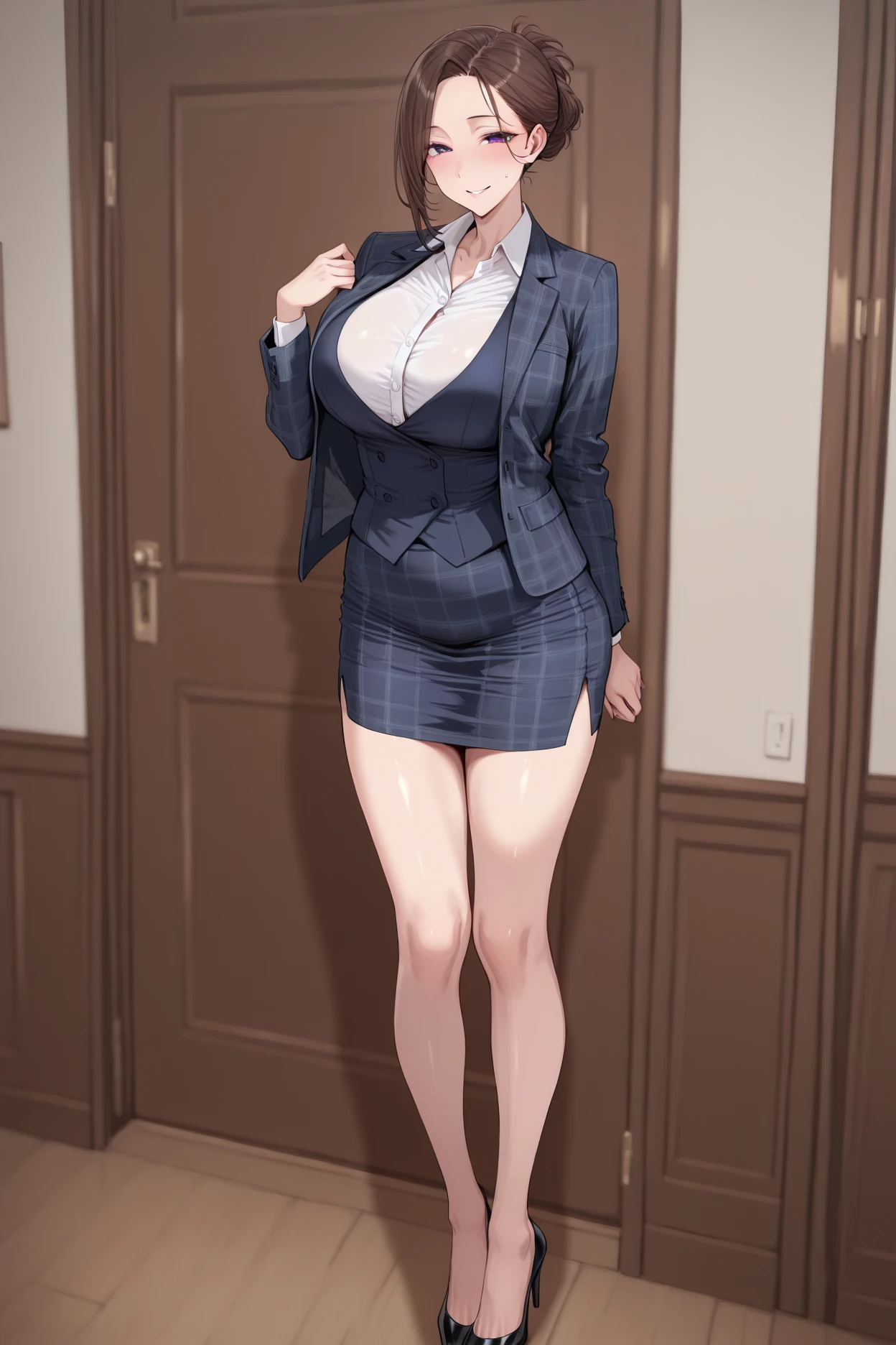 30 year old elegant girl portrait, Russian, beautiful face, perfect face, surreal, photo-realistic, skinny Model Body Type,((big breasts cleavage:1.2)), (thick eyeliner), (eye shadow),(red lips), ((blush)), ((pointy nose)), ultra detailed cg 8k, beautiful cg, soft light, necklace, earrings, slender face, ((light blue eyes)), (smile),armlets,busty stewardess dressed in navy blue retro Prosecutor see-through uniform, tight skirt,(nsfw:1.4), see-through nipples, see-through sexy panties,