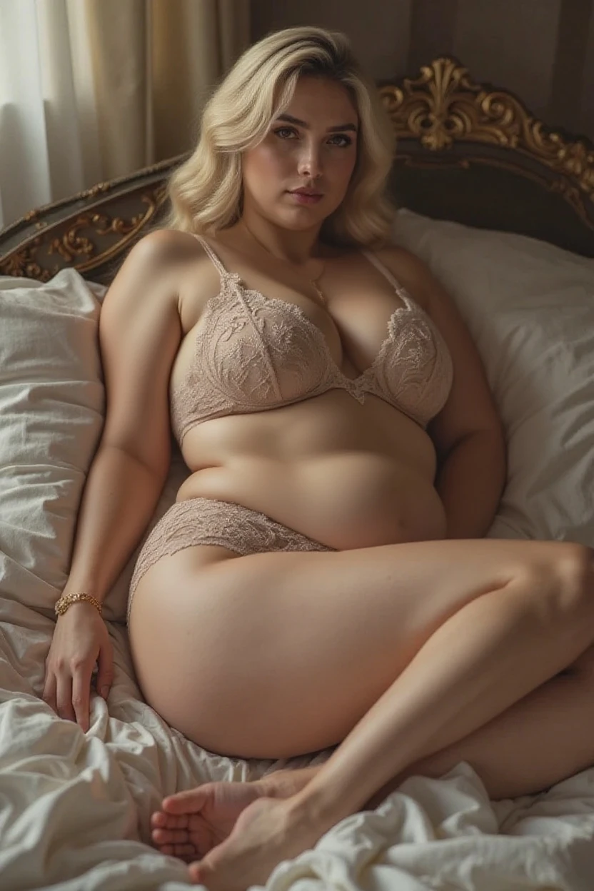 Fat Woman、undergarment、Wearing a bra、Wearing panties、thick waist、Big belly、large boob、japanes、drooing eyes、A smile、wetted skin、Sweating、a bed、Lie down、Spread your arms、Spread your crotch、