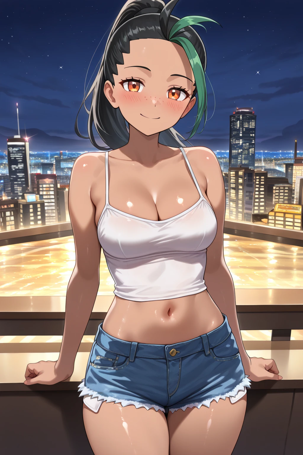score_9, score_8_up, score_7_up, score_6_up, source_anime BREAK 1girl, solo <lora:doatamaki-pdxl-nvwls-v1-000005:1> doatamaki, streaked hair, white t-shirt, visor cap, sunglasses, jeans, city, blue sky, sun, smile, looking at viewer, large breasts,