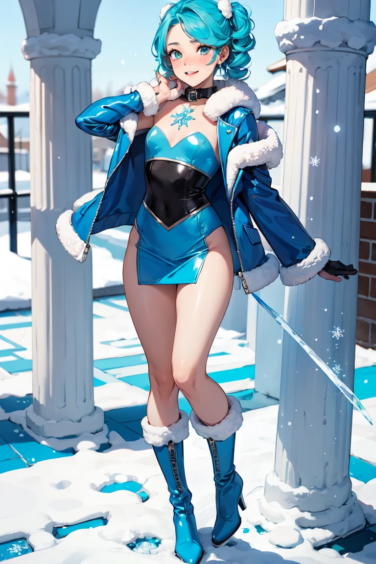 Frost, short blue hair, blue eyes, blue lipstick,leotard, pelvic curtain, sash, blue attire, elbow gloves, heels, looking at viewer, serious, smiling, standing, holding snowball, snowman, outside, park, winter, blue sky, high quality, masterpiece <lora:FrostD:.7>