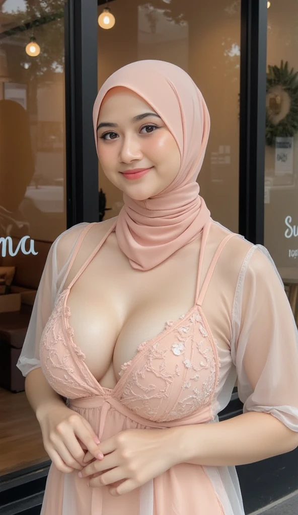 50 years Old, Hijab Indonesian mature woman, Big Tits : 66.9, Gamis, Breast out from her clothes : 1.9, at doctor office, Dark light, at Nighttime