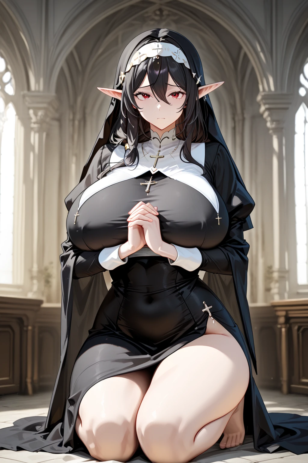 (masterpiece), 8k wallpaper, photorealistic, detailed light, detailed skin, (detailed face and eyes:1.2), detailed hair, (elf female:1.2), beauty mark, (18yo female), (gloosy skin), small hips, slim legs, (heavy breasts), (evil nun cosplay:1.2), front view, (detailed face and eyes:1.2), (detailed hand and finger:1.2), (medium breasts:1.2), (busty), (deep cleavage:1.2), (labia outline:1.3), (hard teat:1.3).
